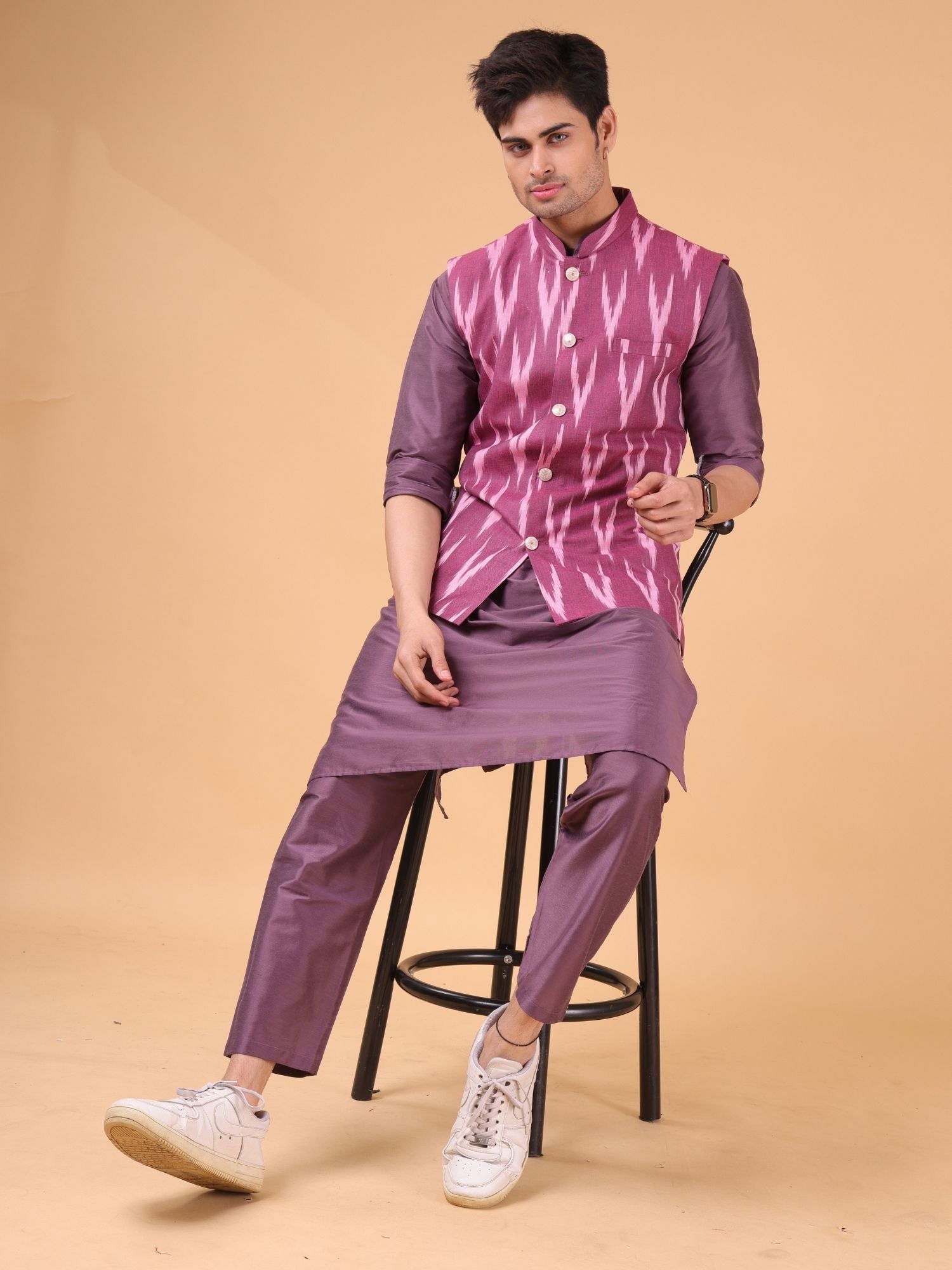 Rich Maroon Solid Pattern Cotton Kurta Jacket Set