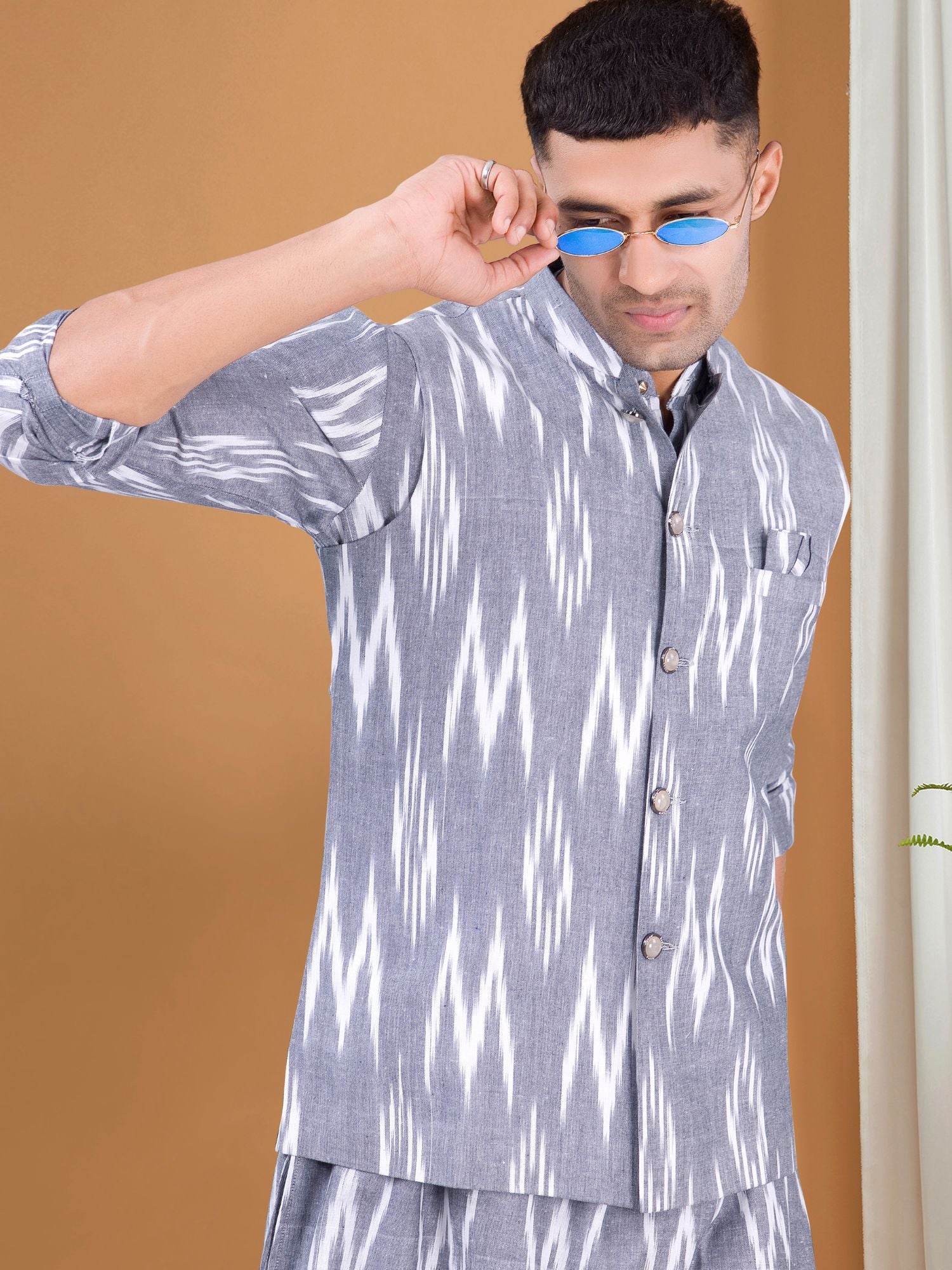 Shark Grey Ikat Print Kurta Pajama Set