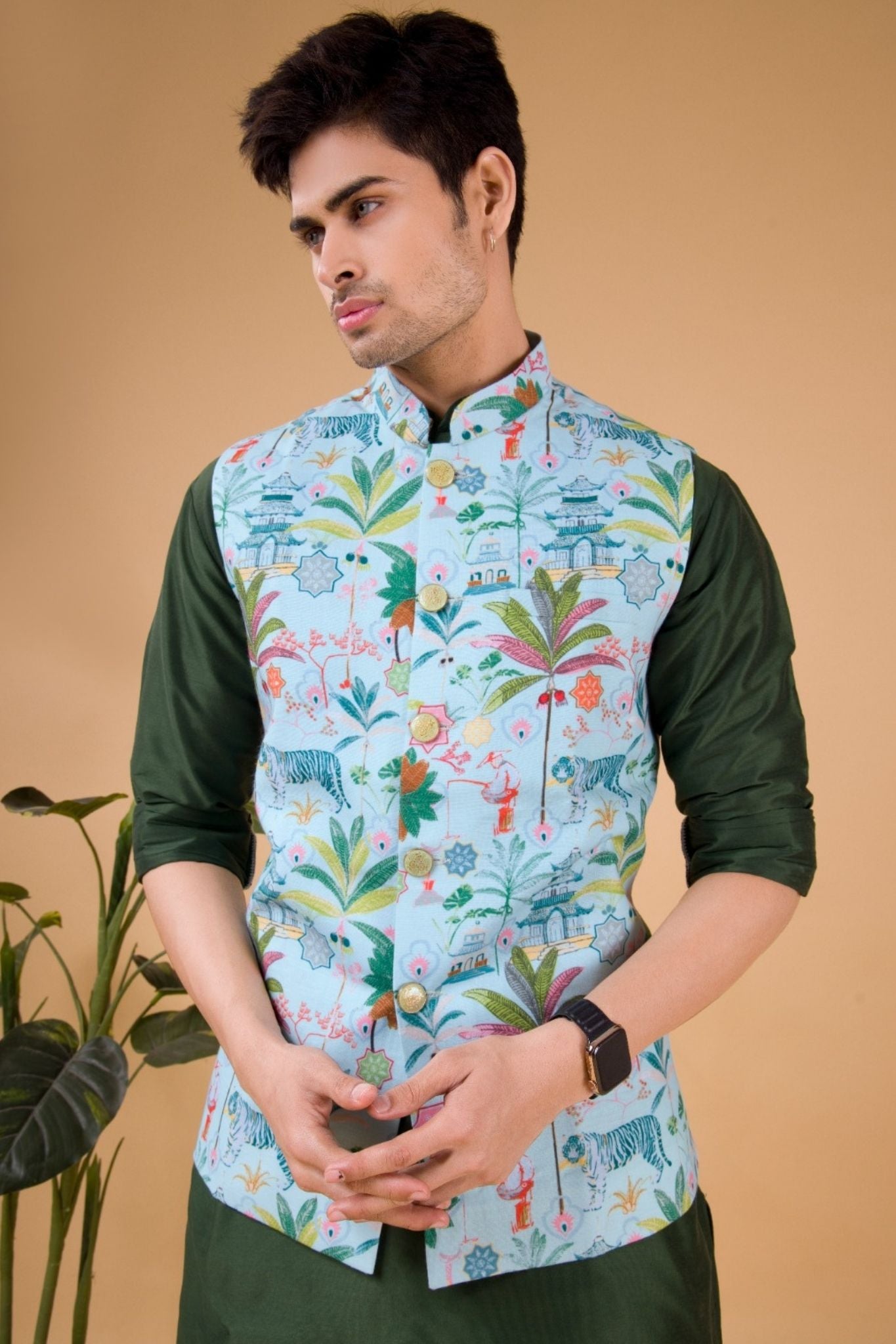 Pistachio Green Tropical Paradise Linen Cotton Nehru Jacket
