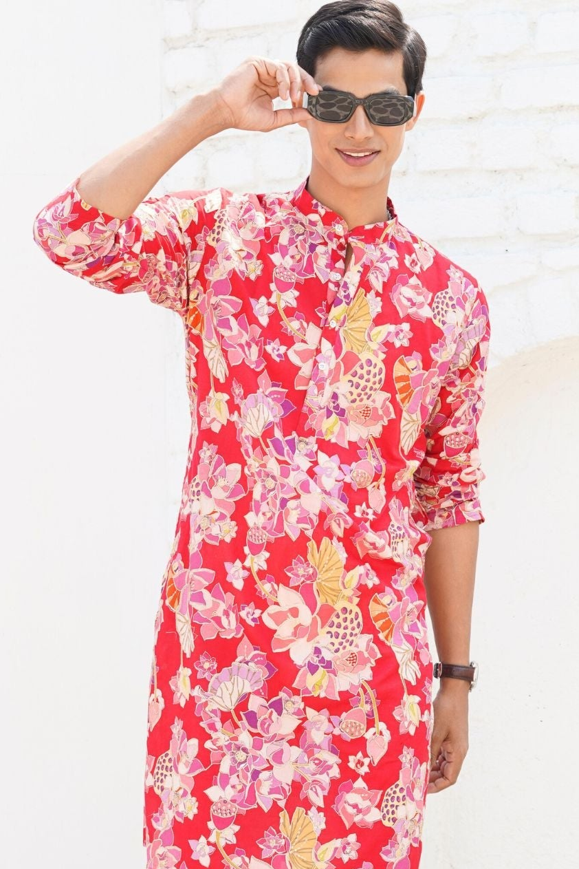 Barn Red Floral Shervani Kurta Pajama Set