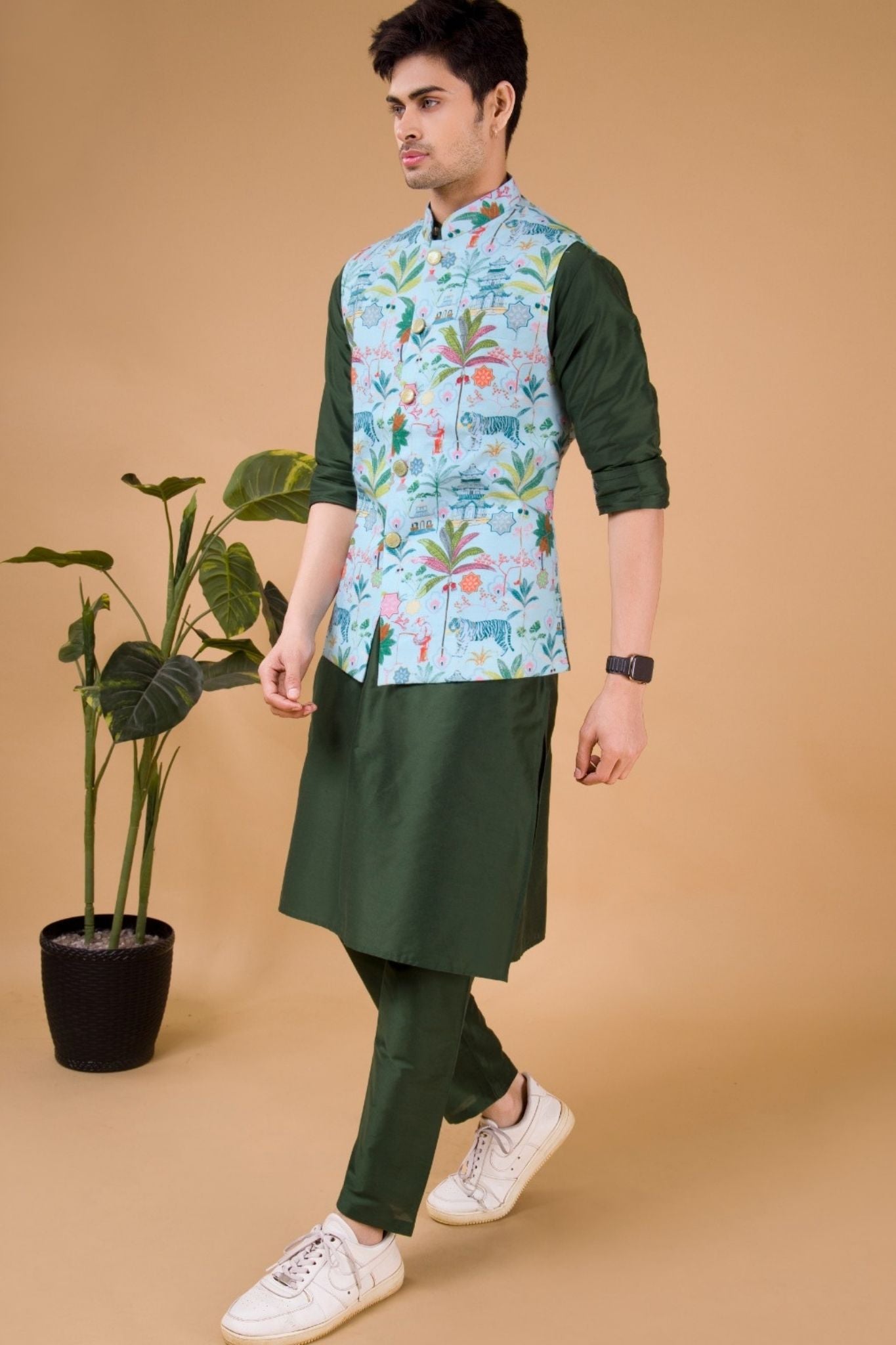Pistachio Green Tropical Paradise Linen Cotton Nehru Jacket