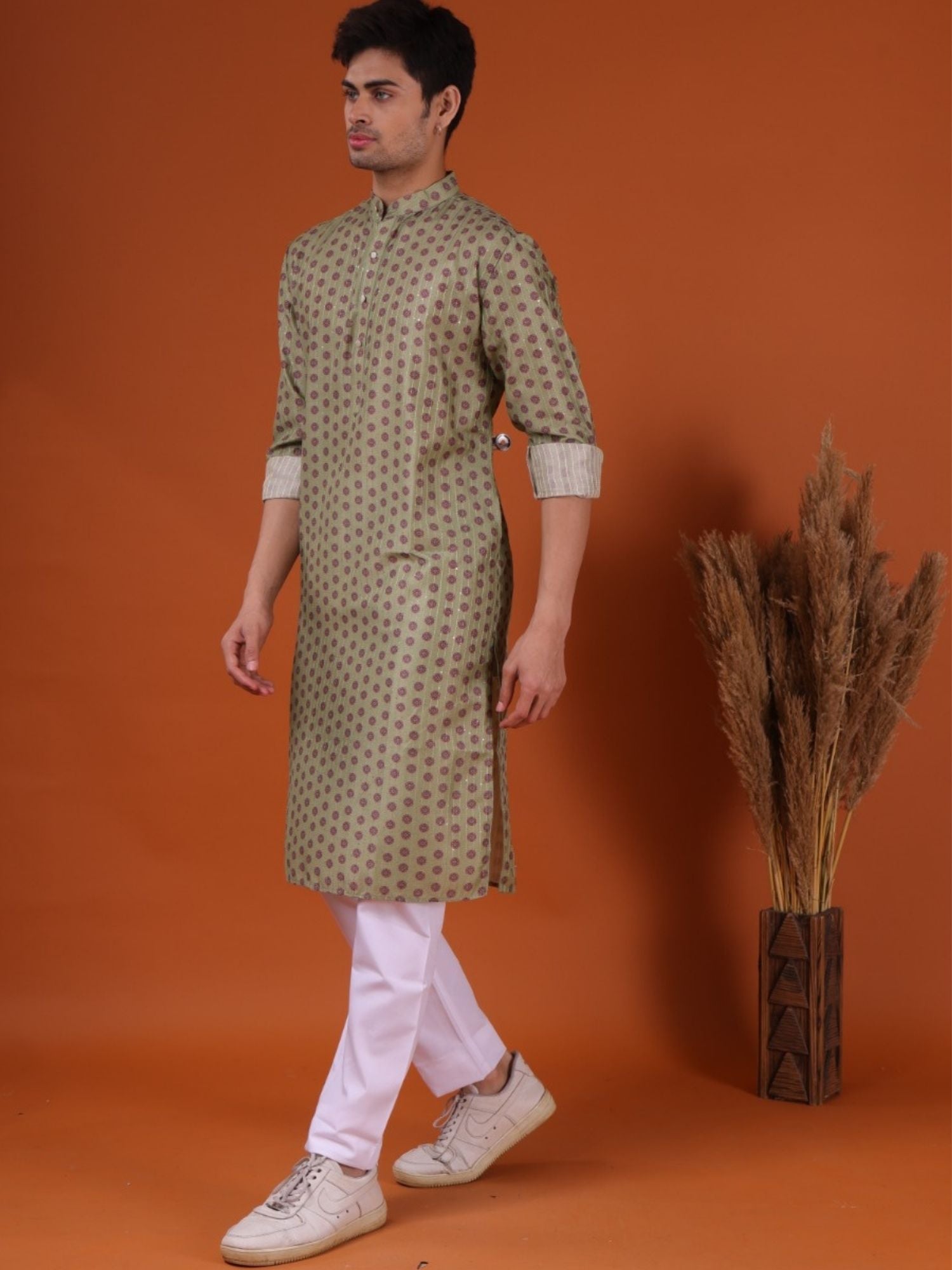 Tropical Green Ikat Print Cotton Silk Kurta Pajama Set