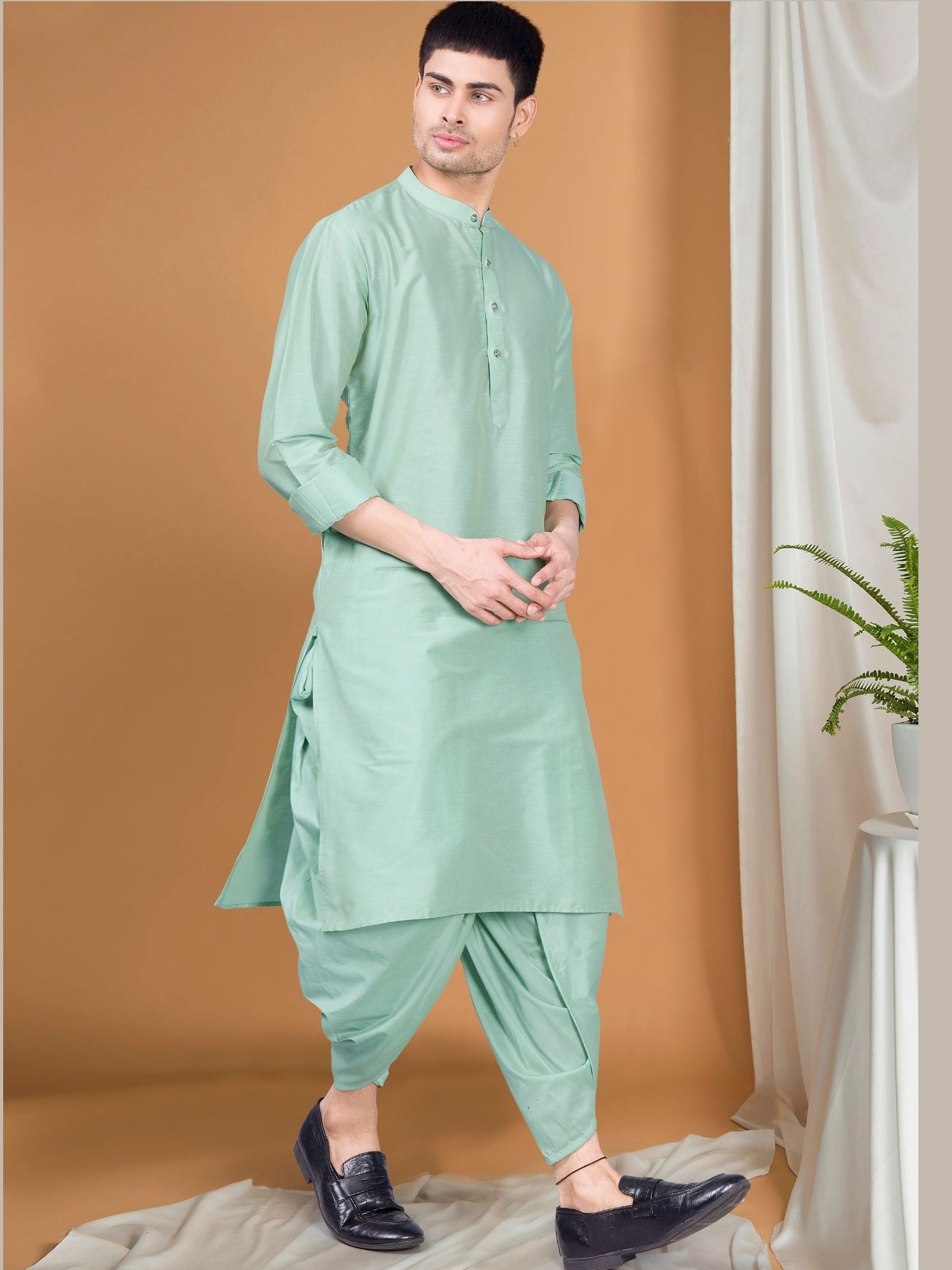 Pistachio Green Solid Kurta Peshawari Set