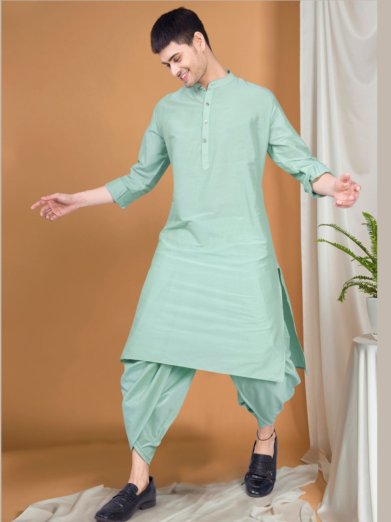 Pistachio Green Solid Kurta Peshawari Set