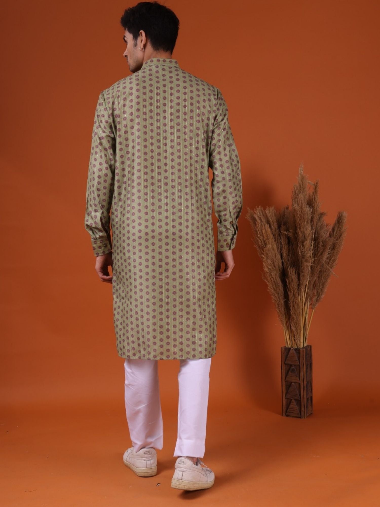 Tropical Green Ikat Print Cotton Silk Kurta Pajama Set