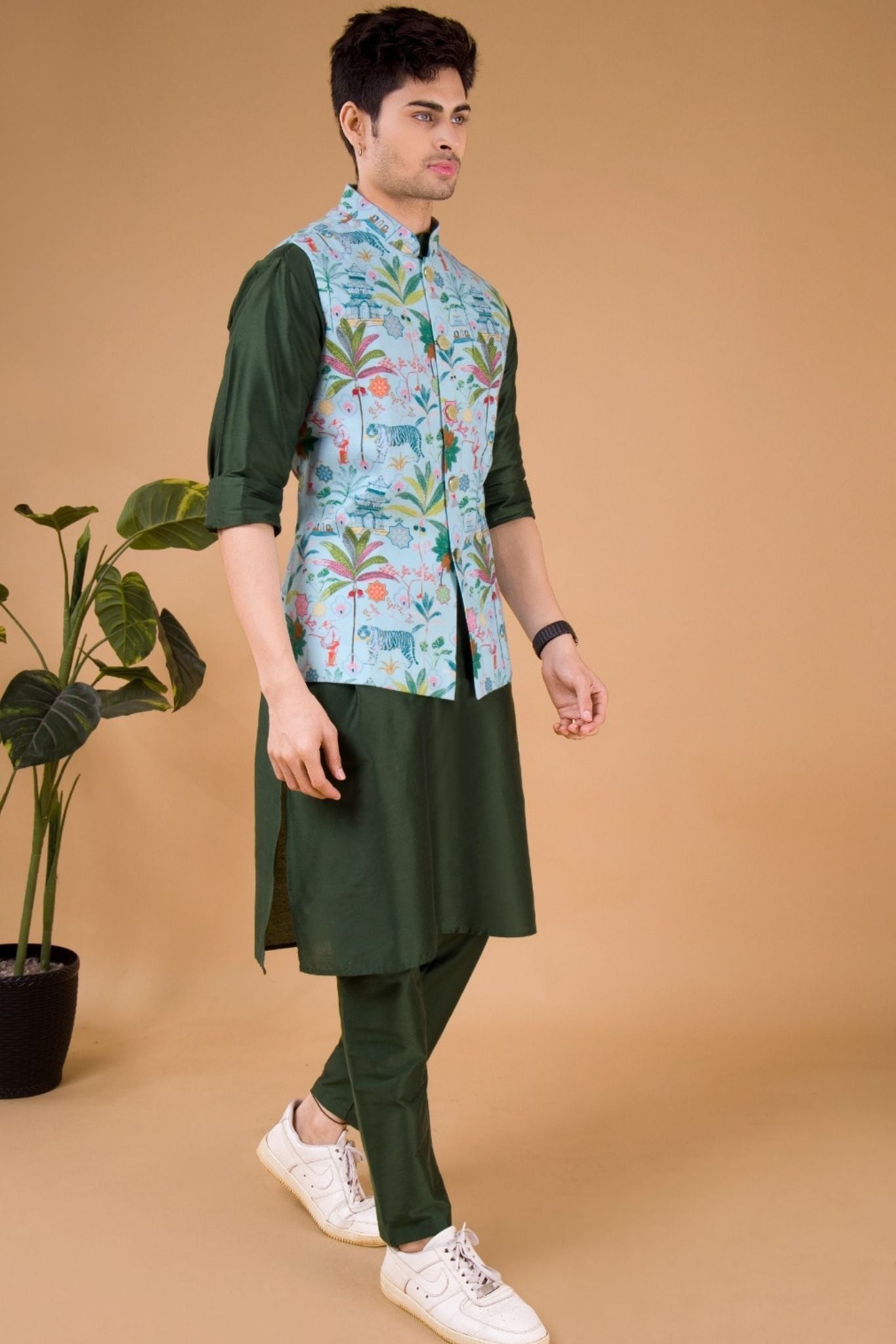 Pistachio Green Tropical Paradise Linen Cotton Nehru Jacket
