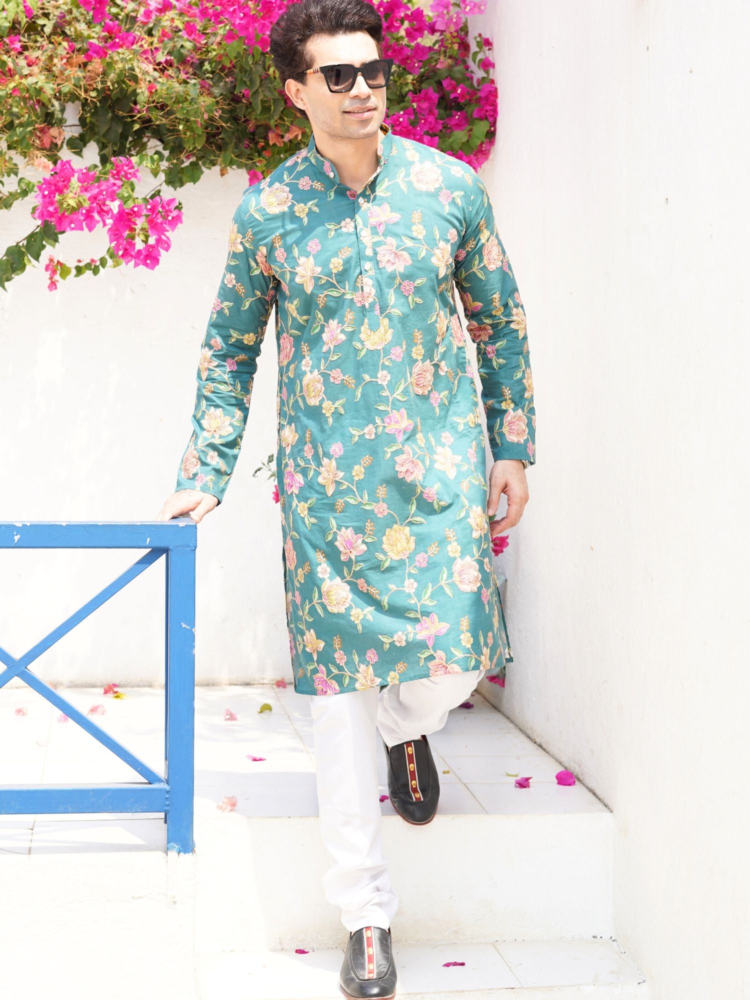 Forest Green Floral Shervani Kurta Pajama Set