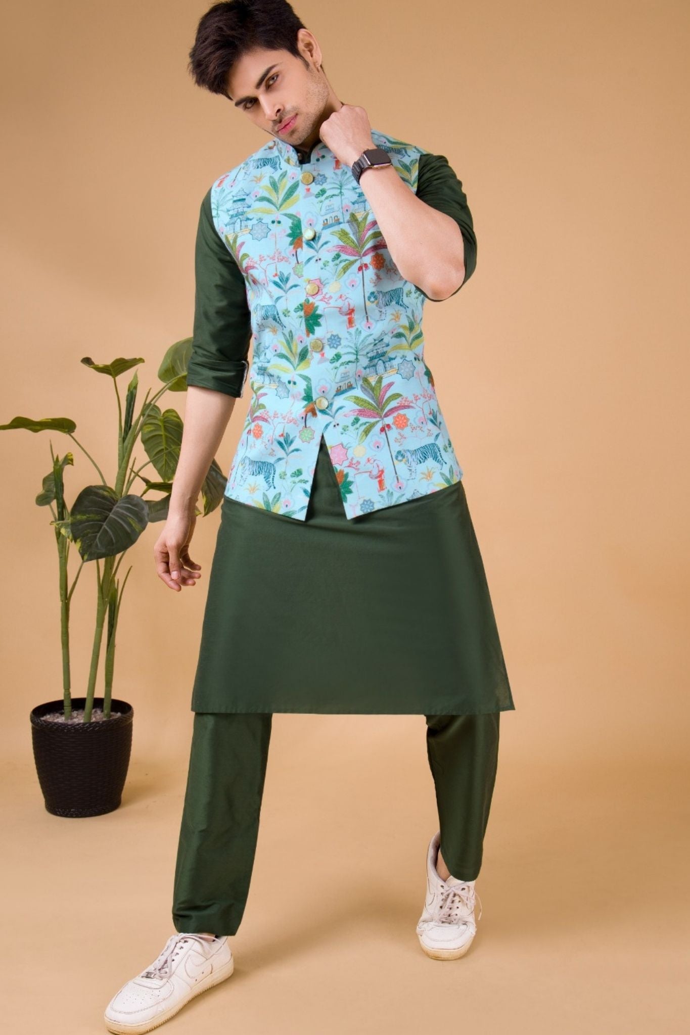 Pistachio Green Tropical Paradise Linen Cotton Nehru Jacket