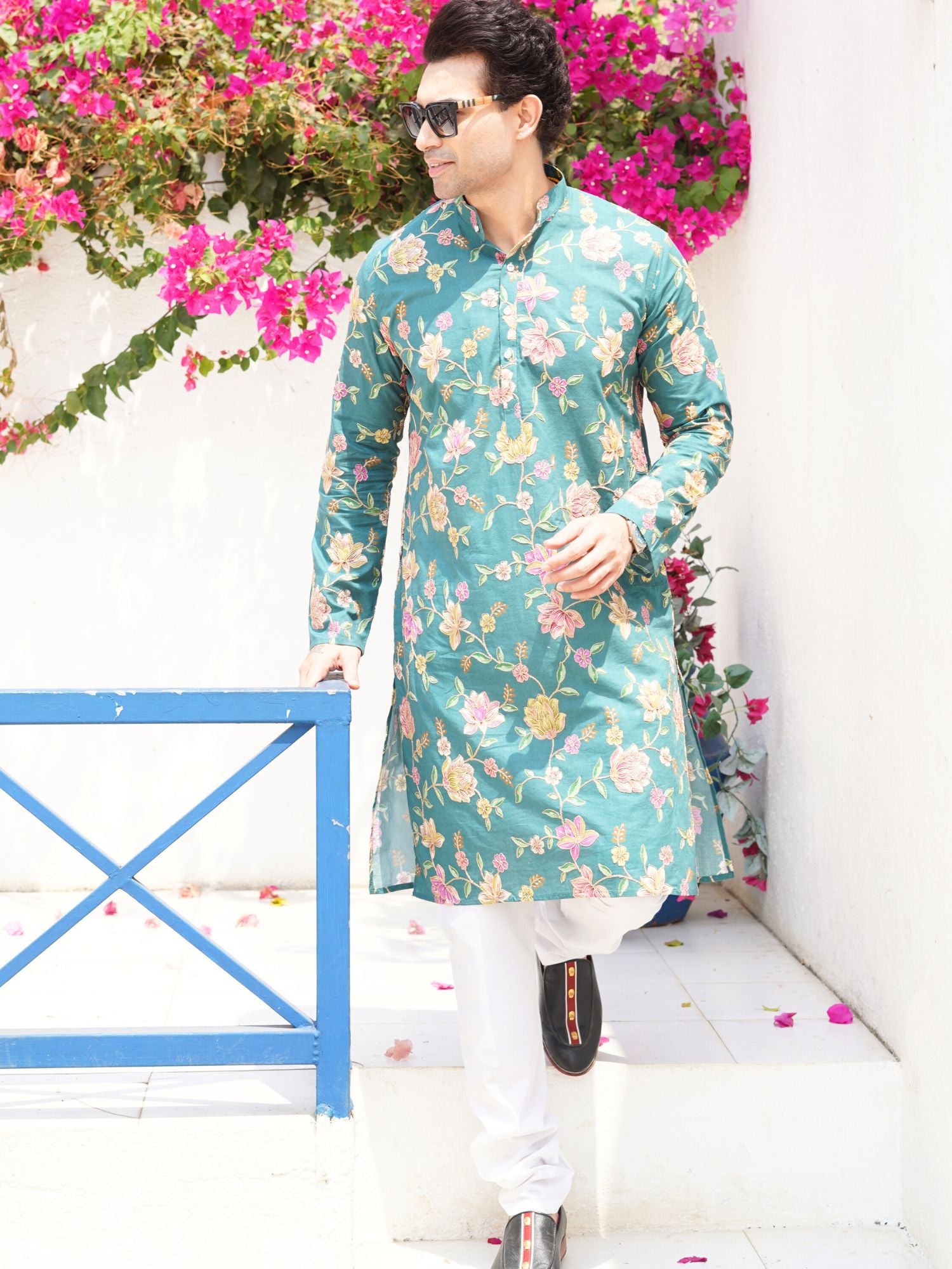 Forest Green Floral Shervani Kurta Pajama Set