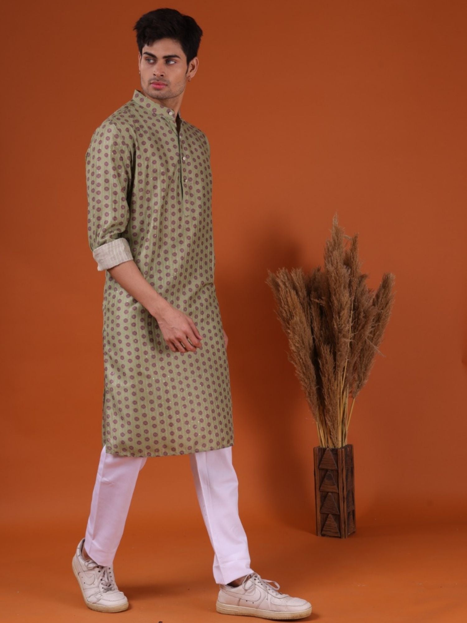 Tropical Green Ikat Print Cotton Silk Kurta Pajama Set