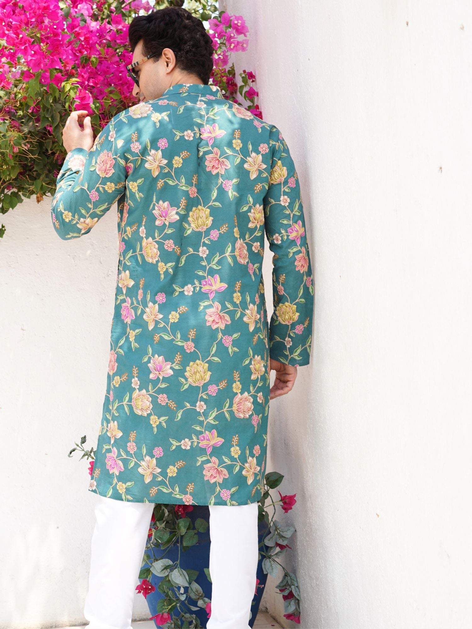 Forest Green Floral Shervani Kurta Pajama Set