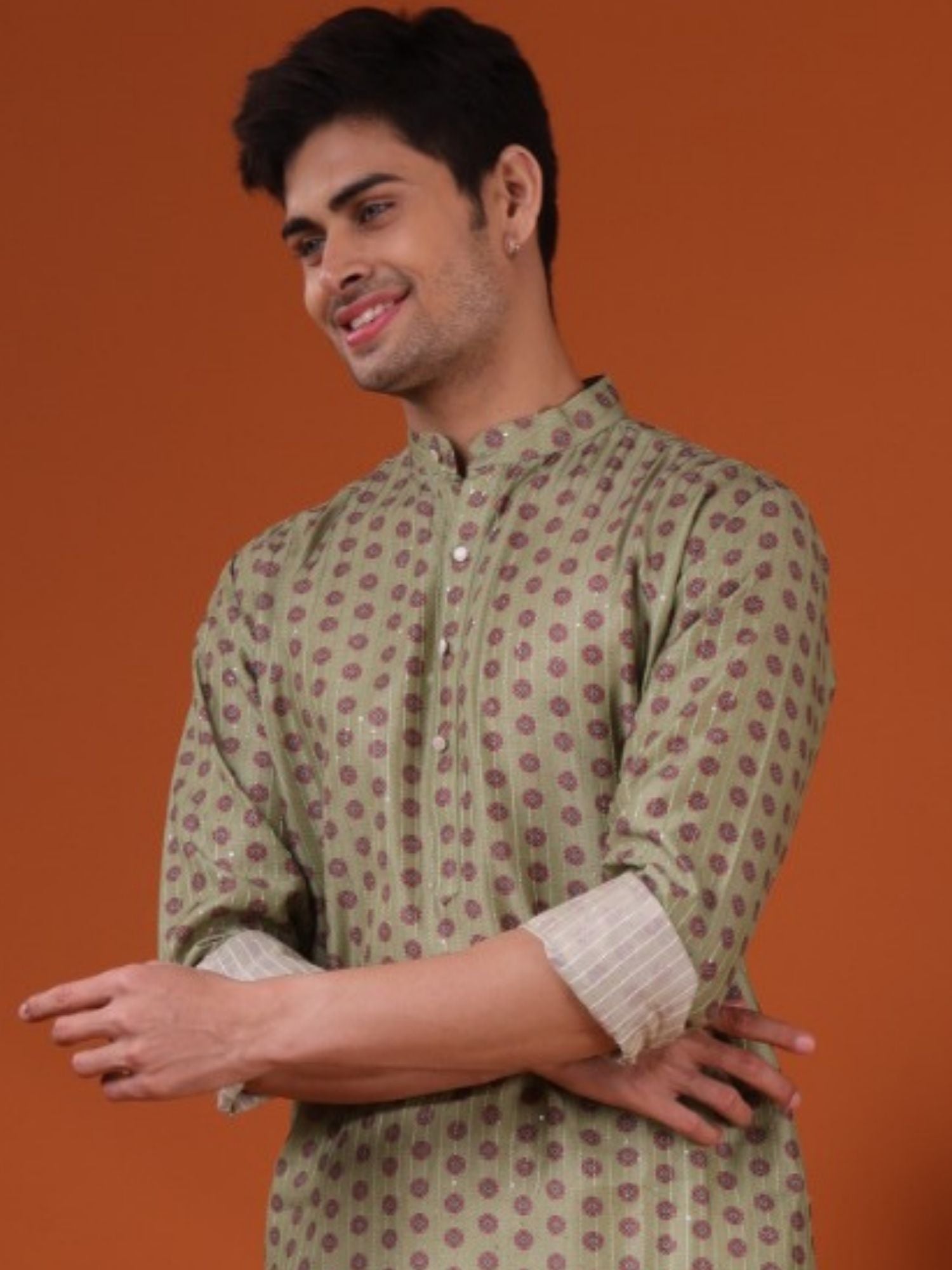 Tropical Green Ikat Print Cotton Silk Kurta Pajama Set