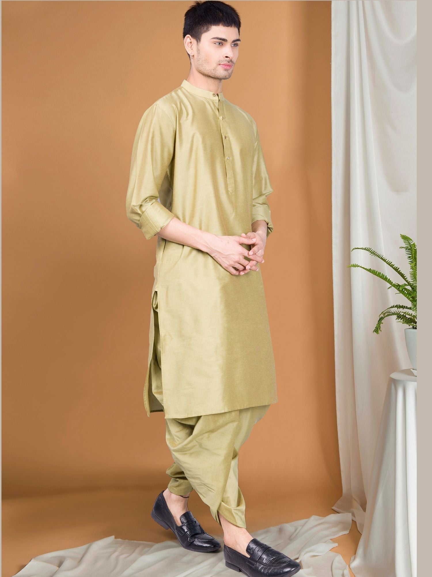 Tropical Green Solid Kurta Peshawari Set