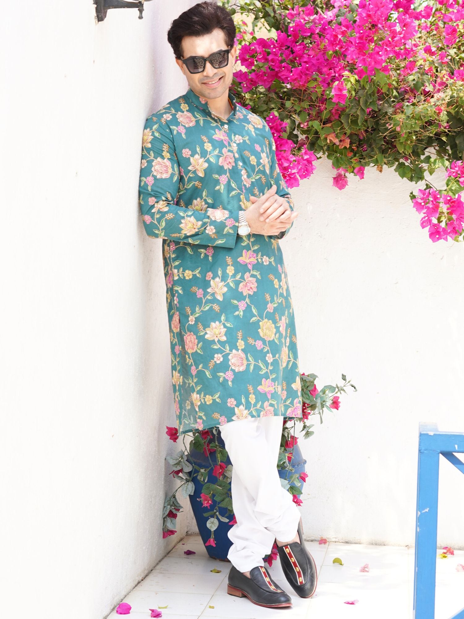 Forest Green Floral Shervani Kurta Pajama Set