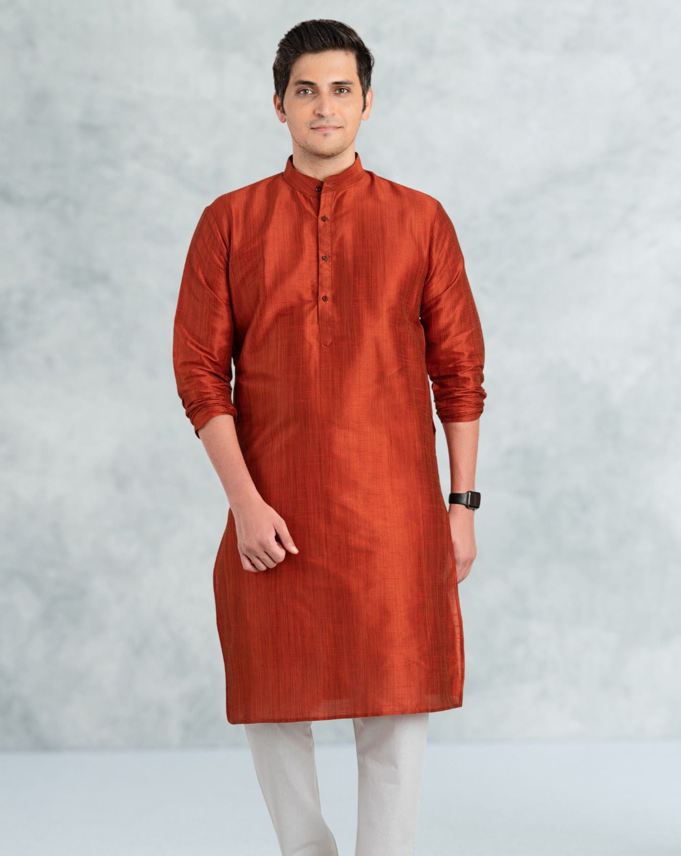 Apricot Orange Solid Cotton-Silk Kurta