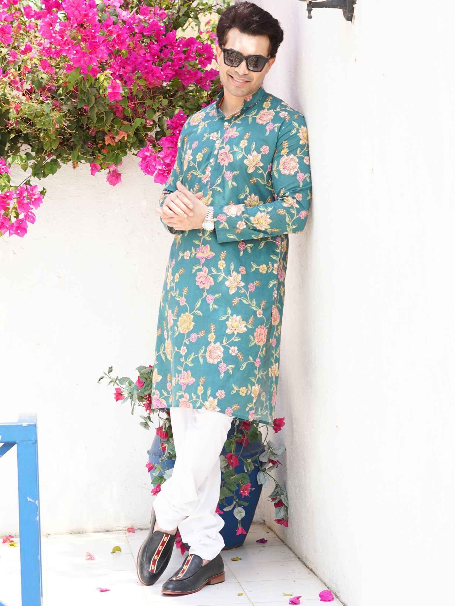 Forest Green Floral Shervani Kurta Pajama Set