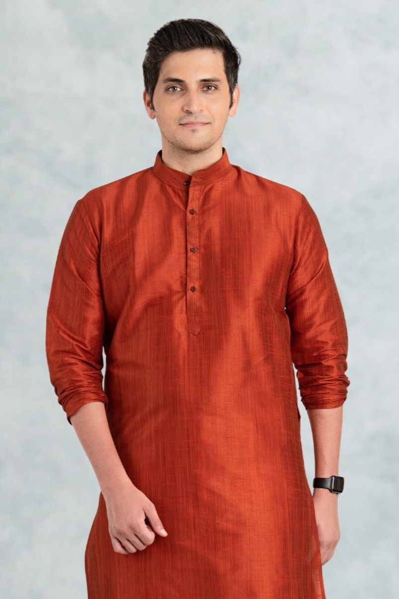 Tiger Orange Solid Cotton-Silk Kurta Pajama Set