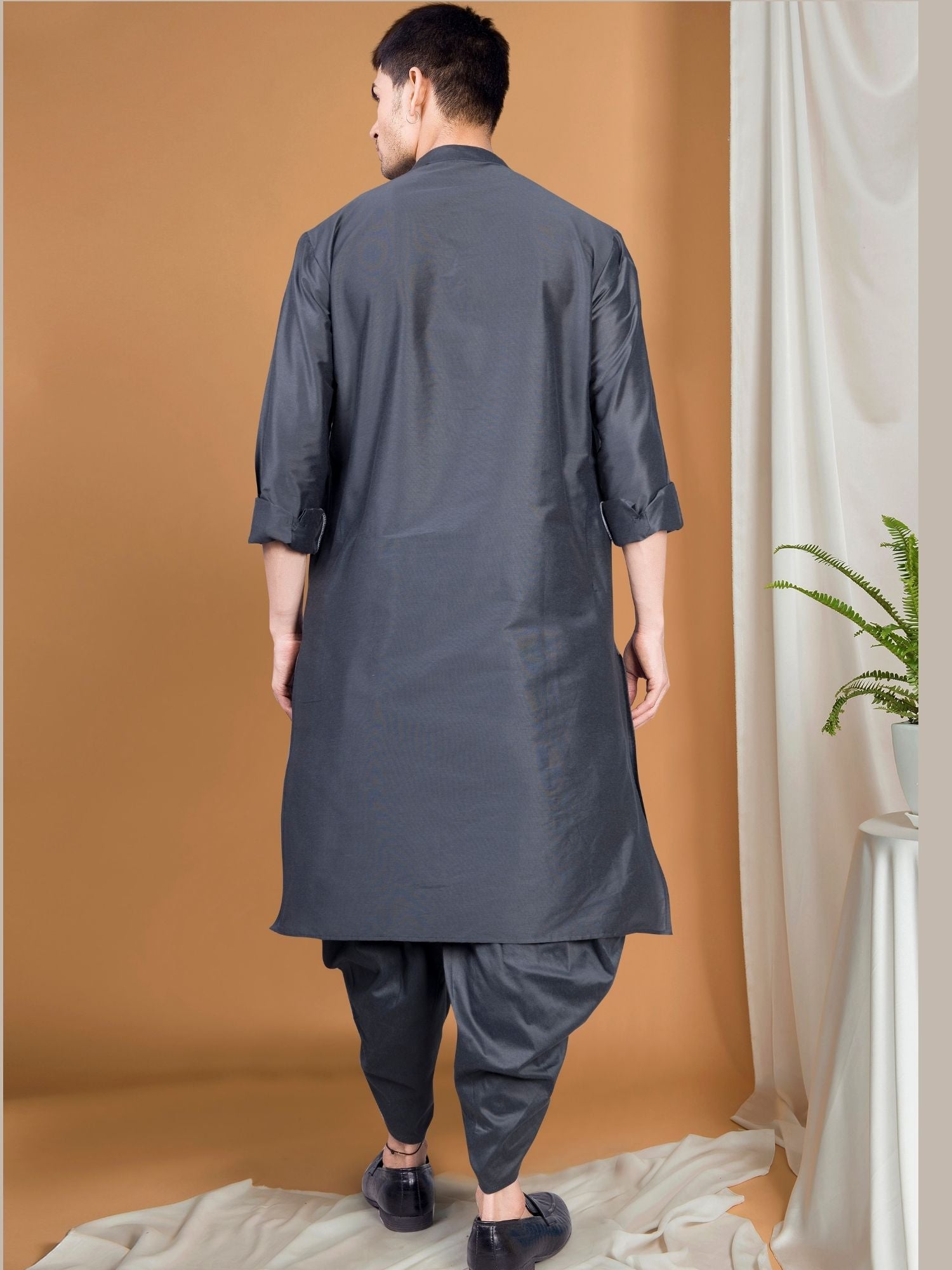 Metal Grey Solid Kurta Peshawari Set