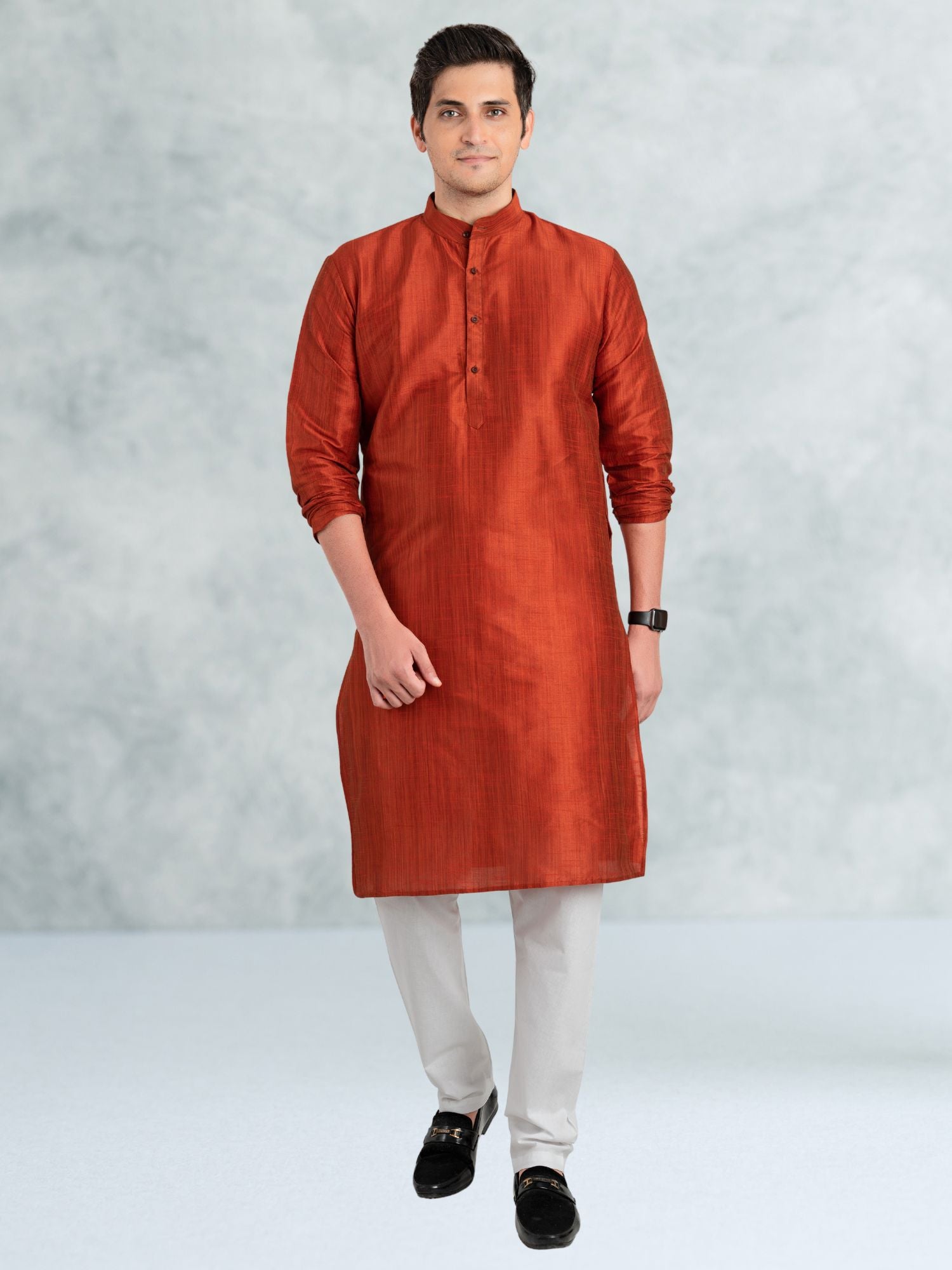 Apricot Orange Solid Cotton-Silk Kurta
