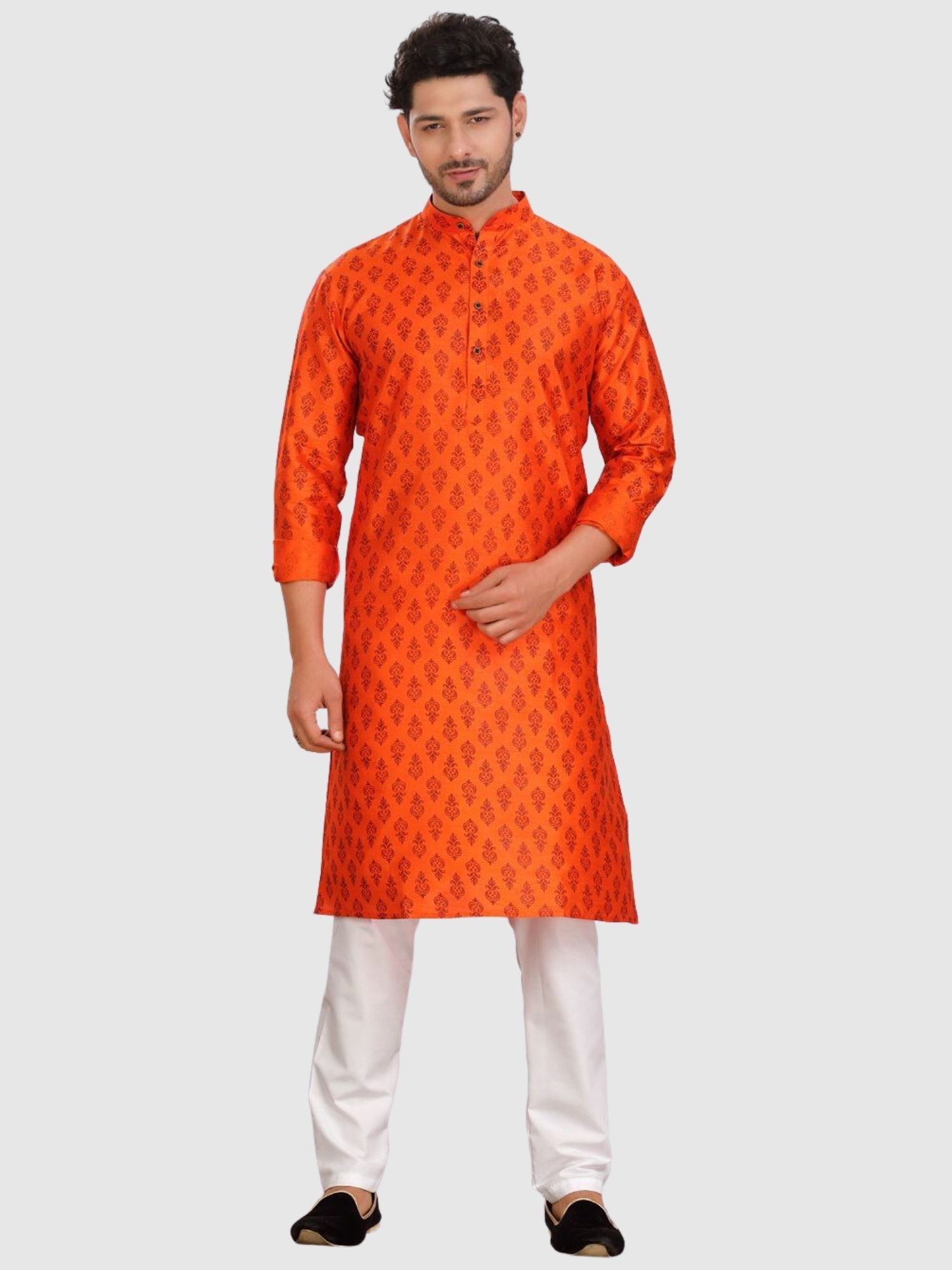 Apricot Orange Silk Printed Kurta and Matching Dhoti
