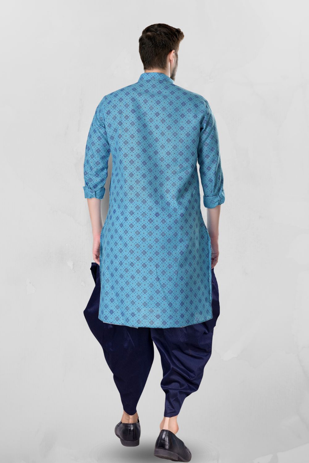 Iris Blue Cotton Designer Printed Kurta Peshawari Set