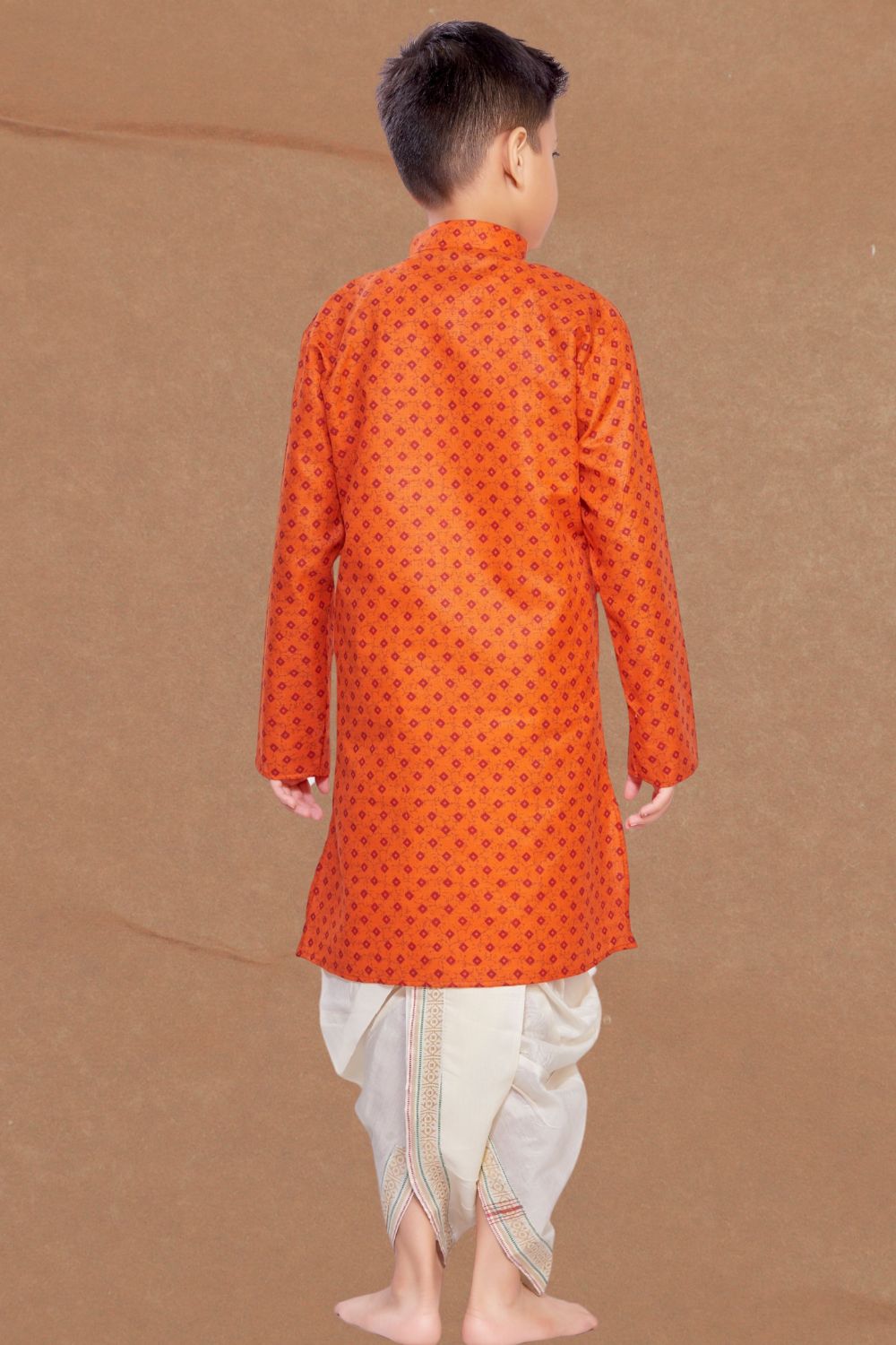 Apricot Orange Printed Kurta Pitambari Dhoti Suit