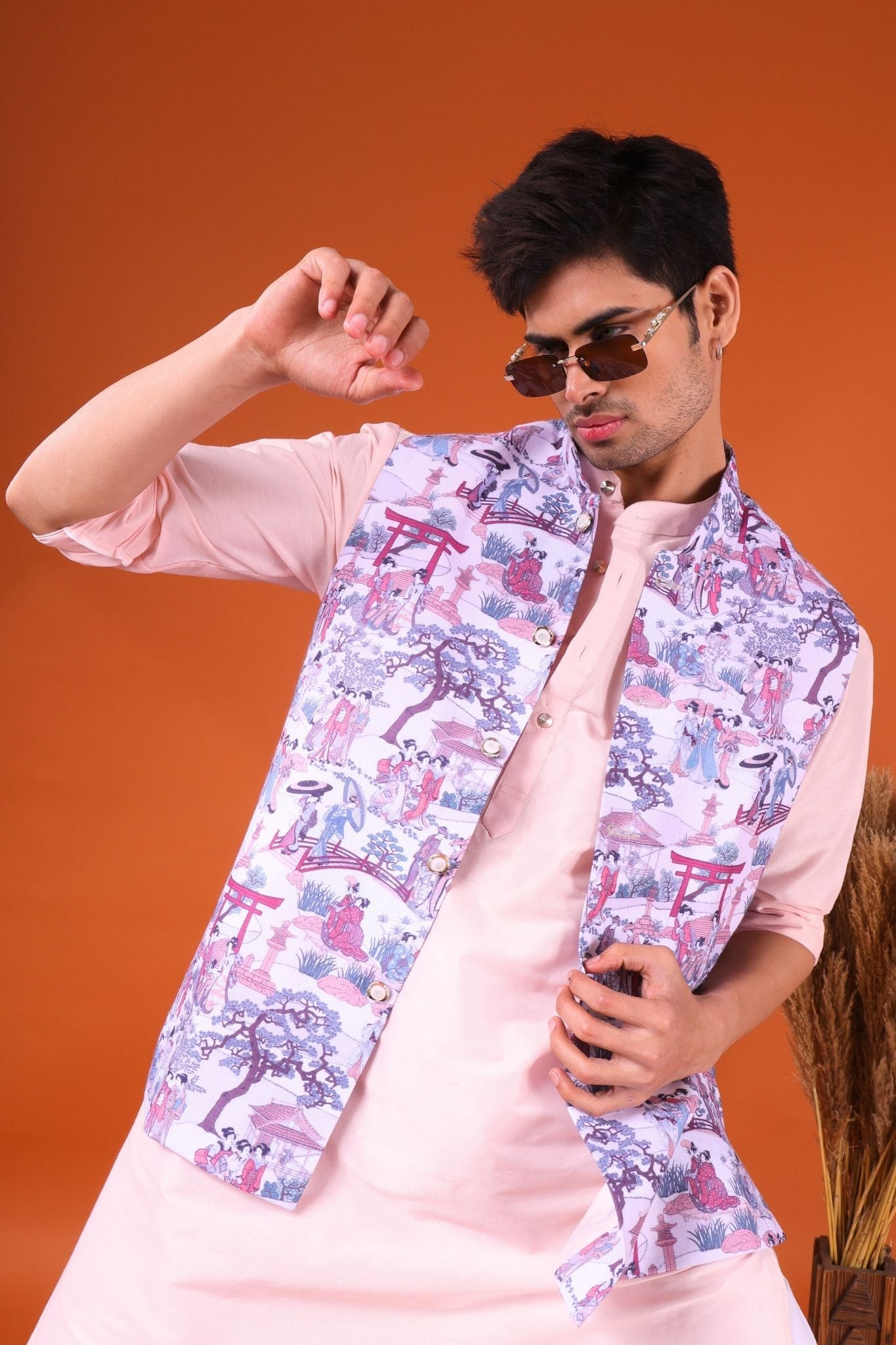 Persion Pink Solid Pattern Silk Kurta Jacket Set