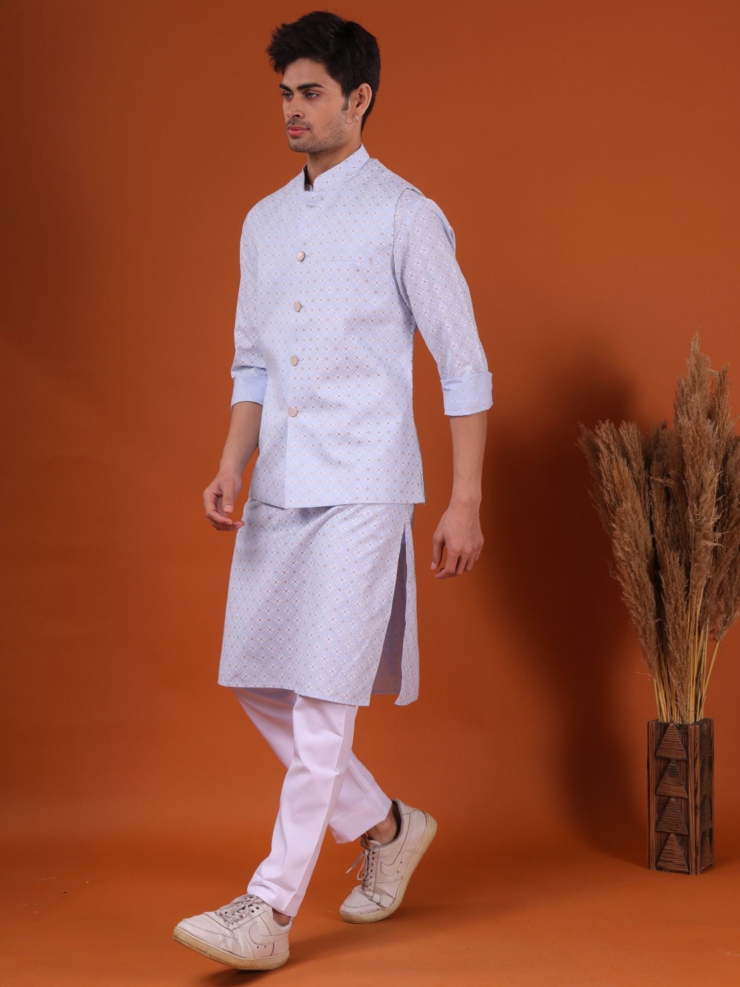 Iris Blue Lotus Gold Printed Cotton Kurta Pajama Set