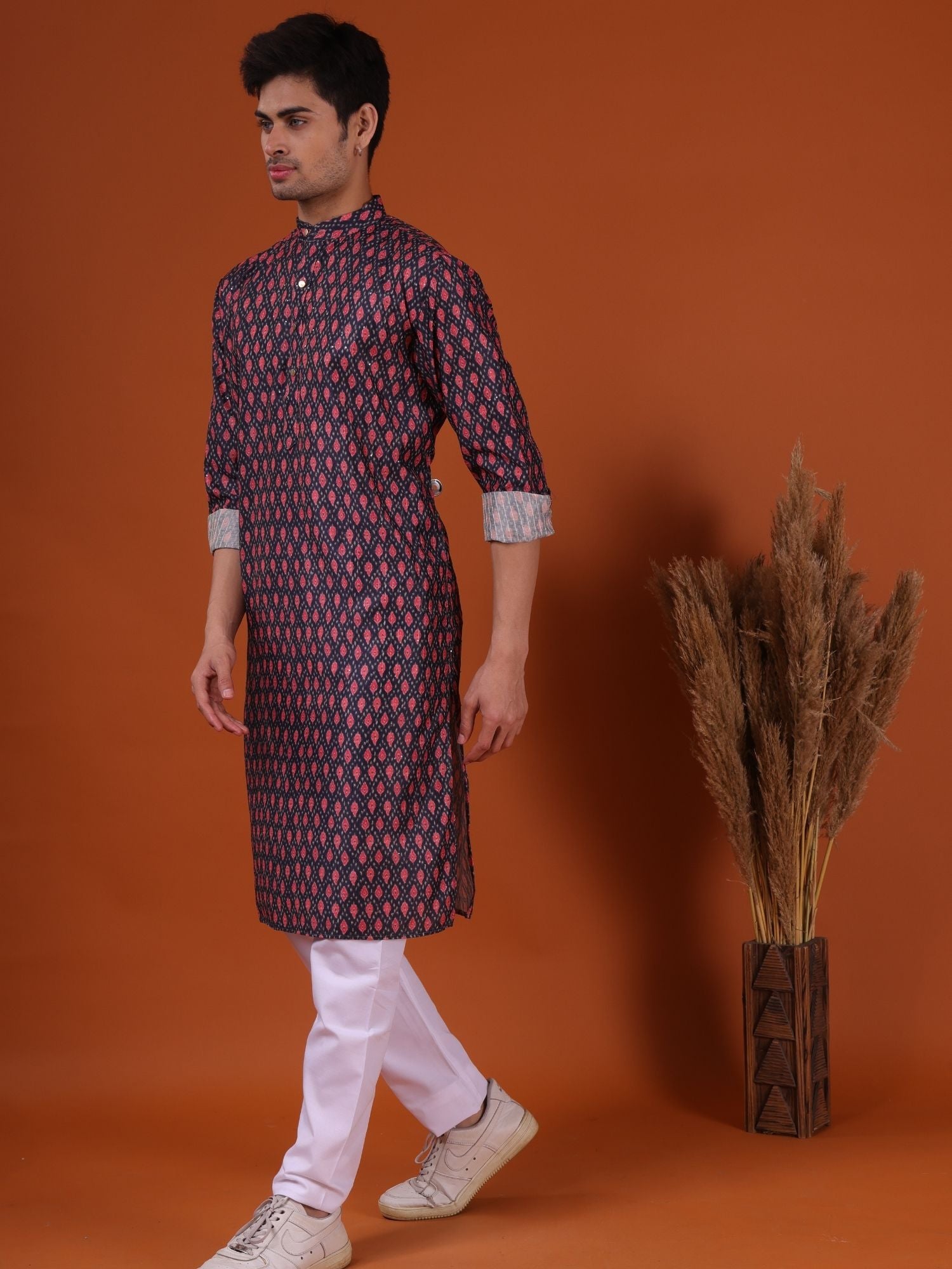 Jade Black Butti Print Silk Kurta