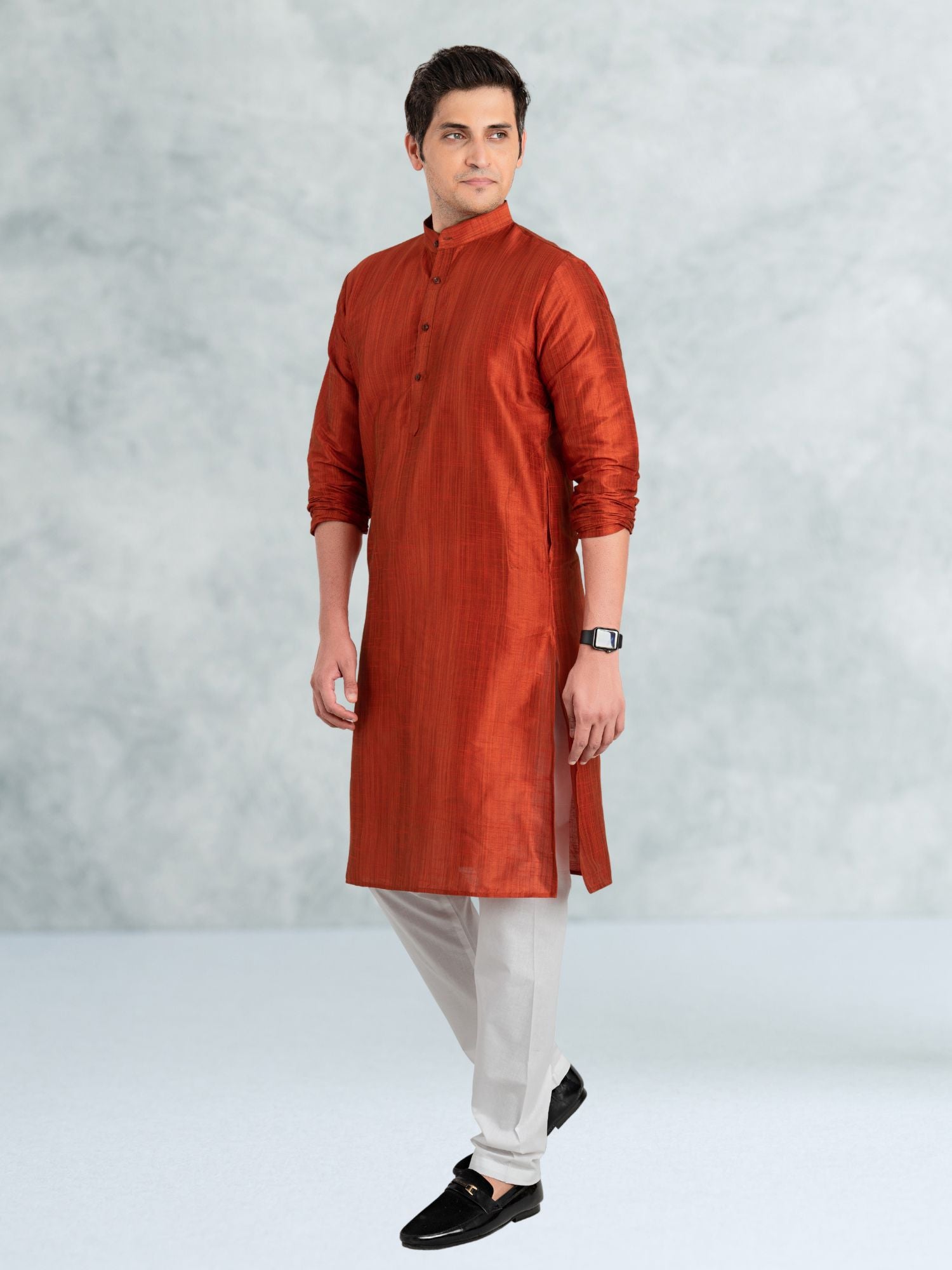 Apricot Orange Solid Cotton-Silk Kurta