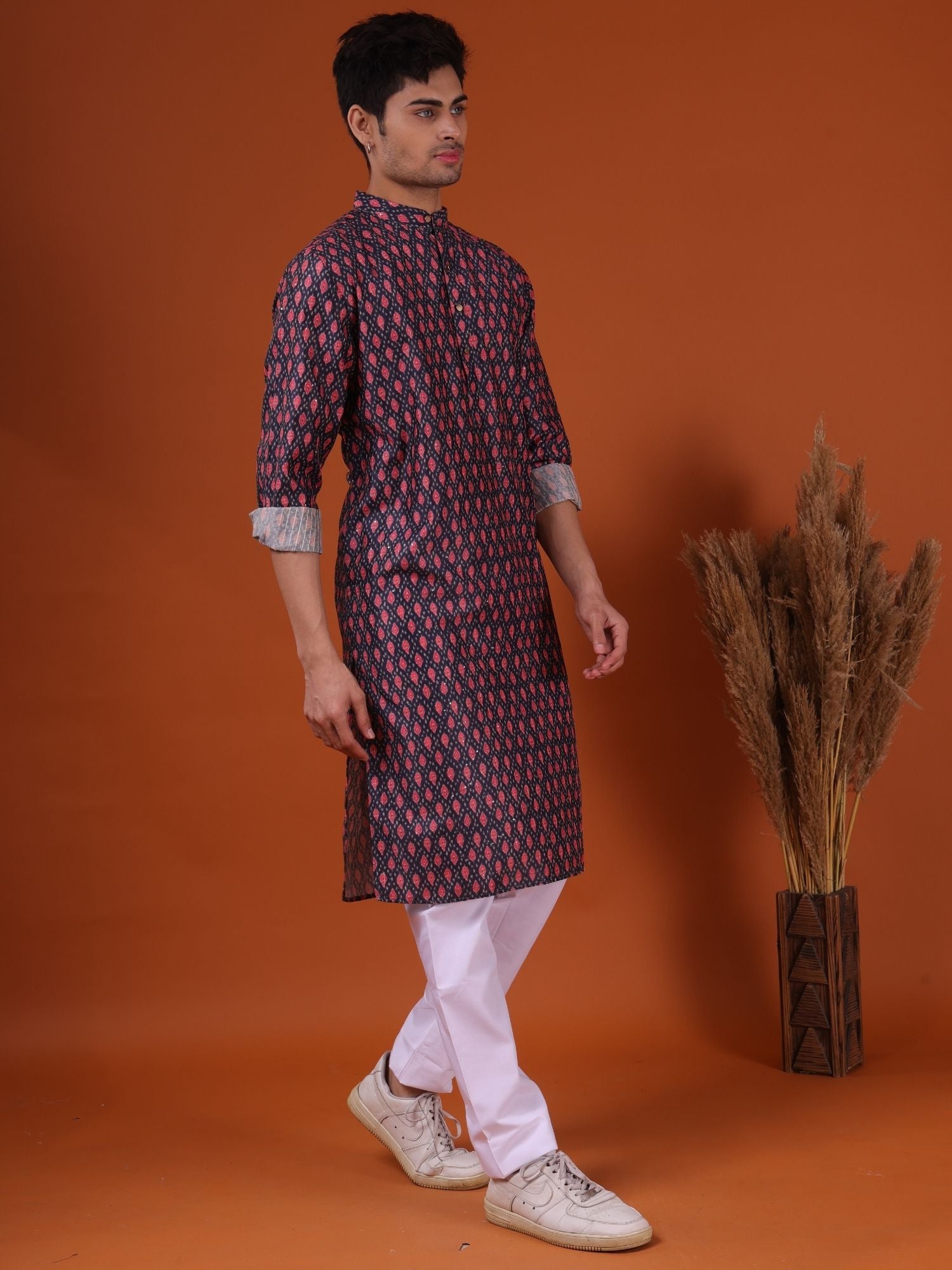 Jade Black Butti Print Silk Kurta
