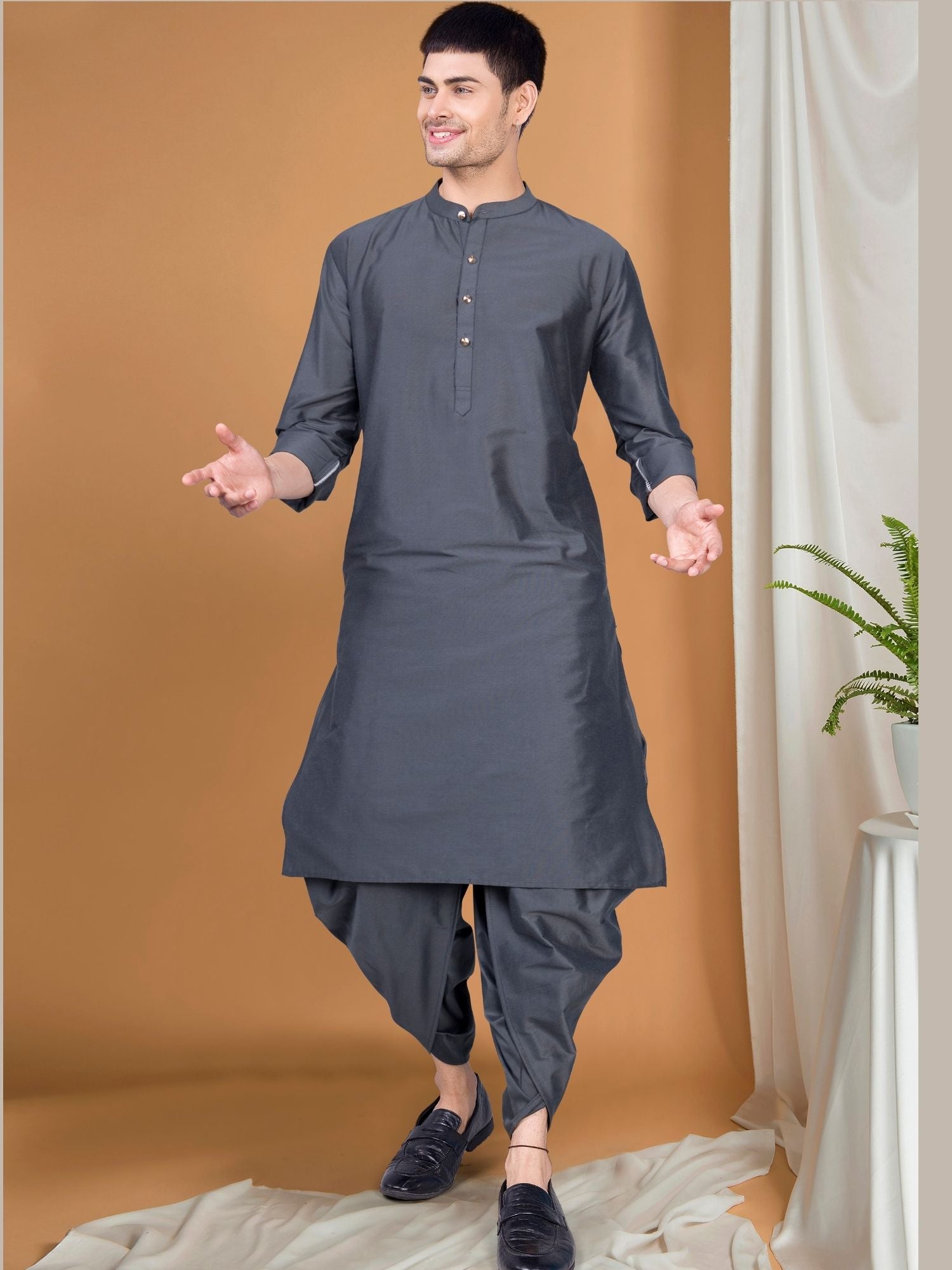 Metal Grey Solid Kurta Peshawari Set