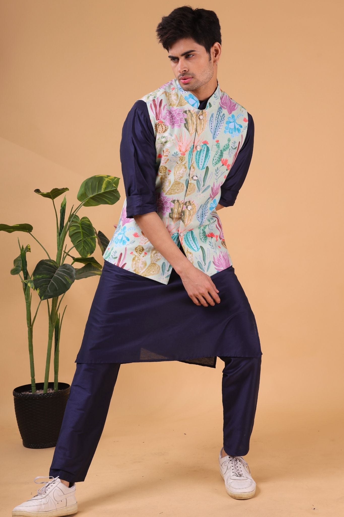 Light Green Tropical Paradise Linen Cotton Nehru Jacket