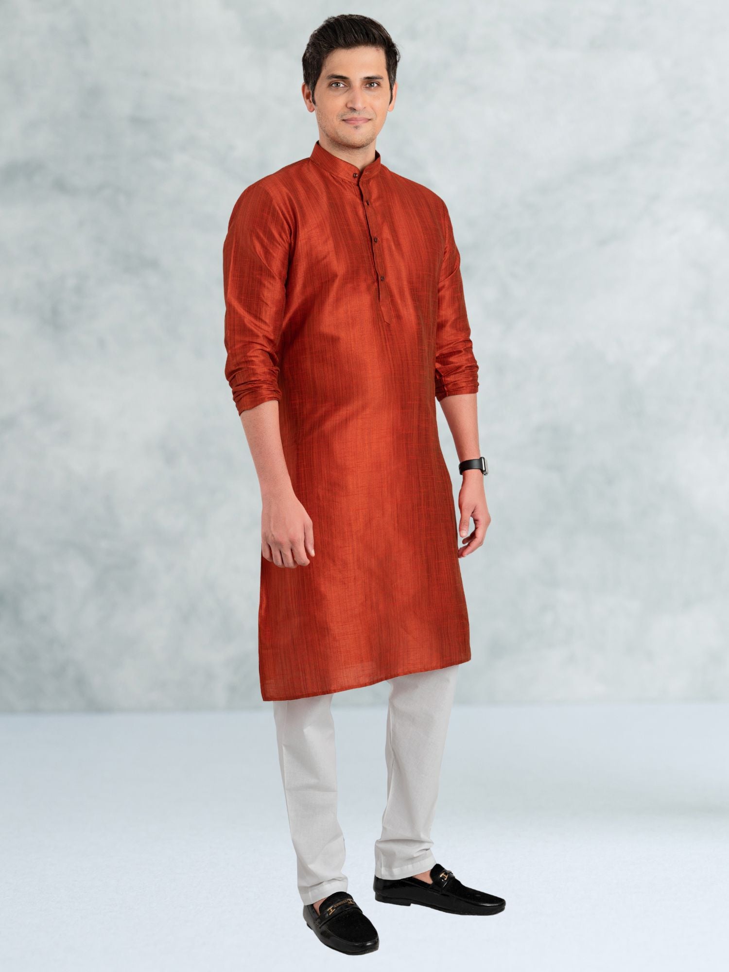 Apricot Orange Solid Cotton-Silk Kurta