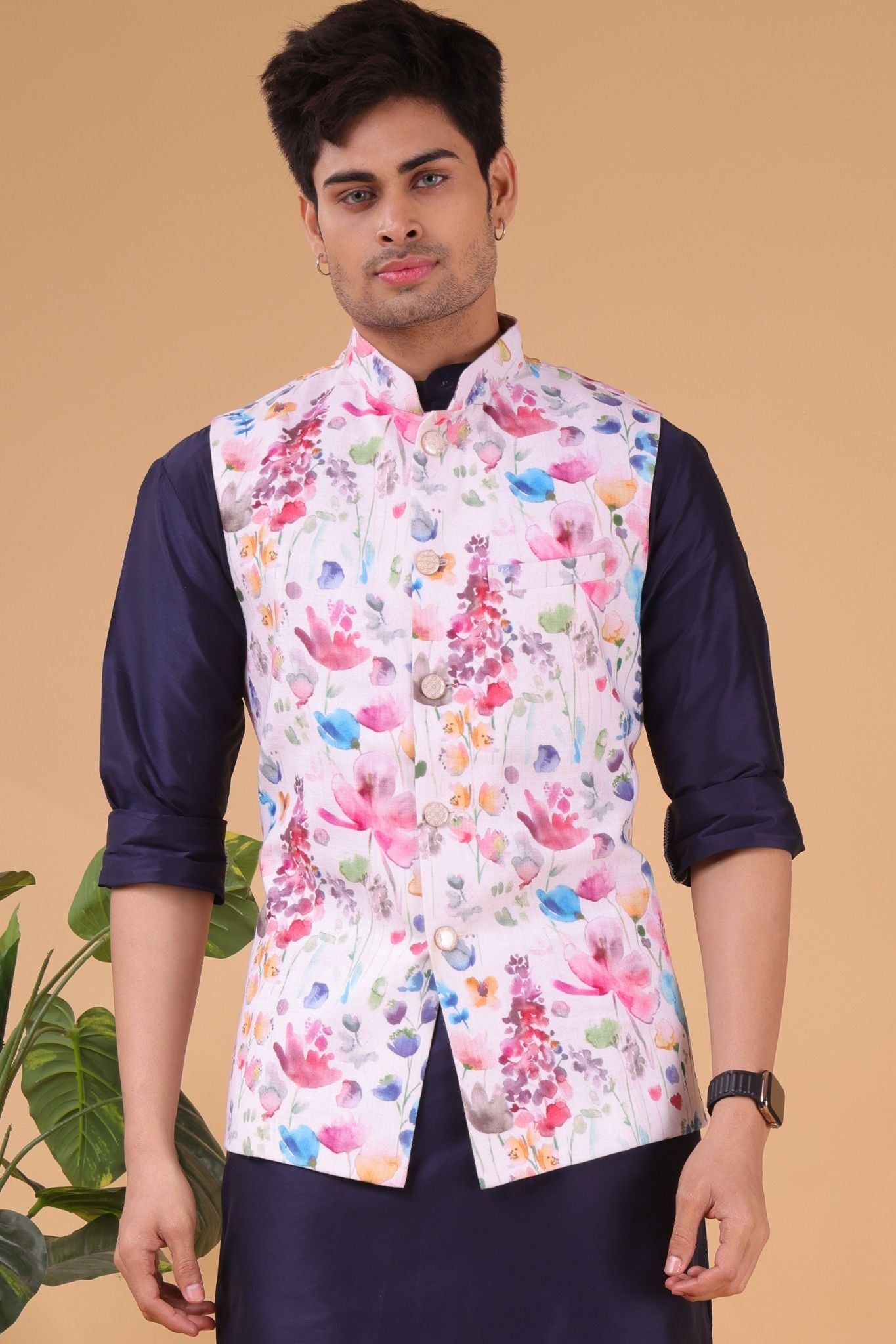 Butter Cream Tropical Paradise Linen Cotton Nehru Jacket