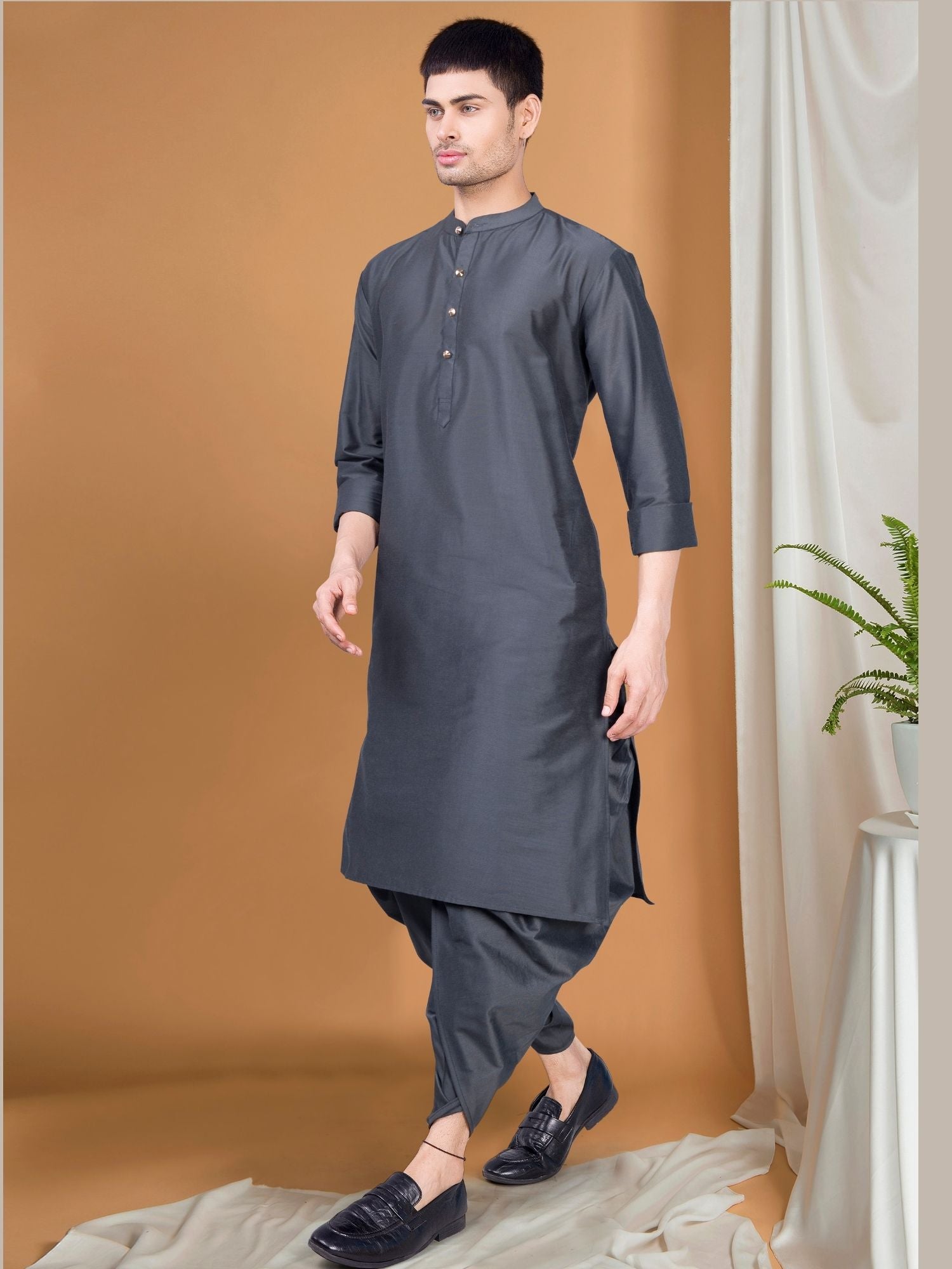 Metal Grey Solid Kurta Peshawari Set