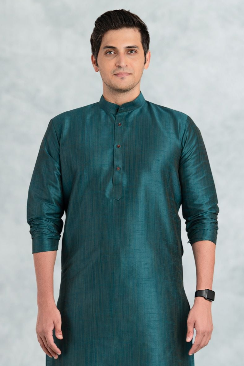 Tropical Green Solid Cotton-Silk Kurta Pajama Set
