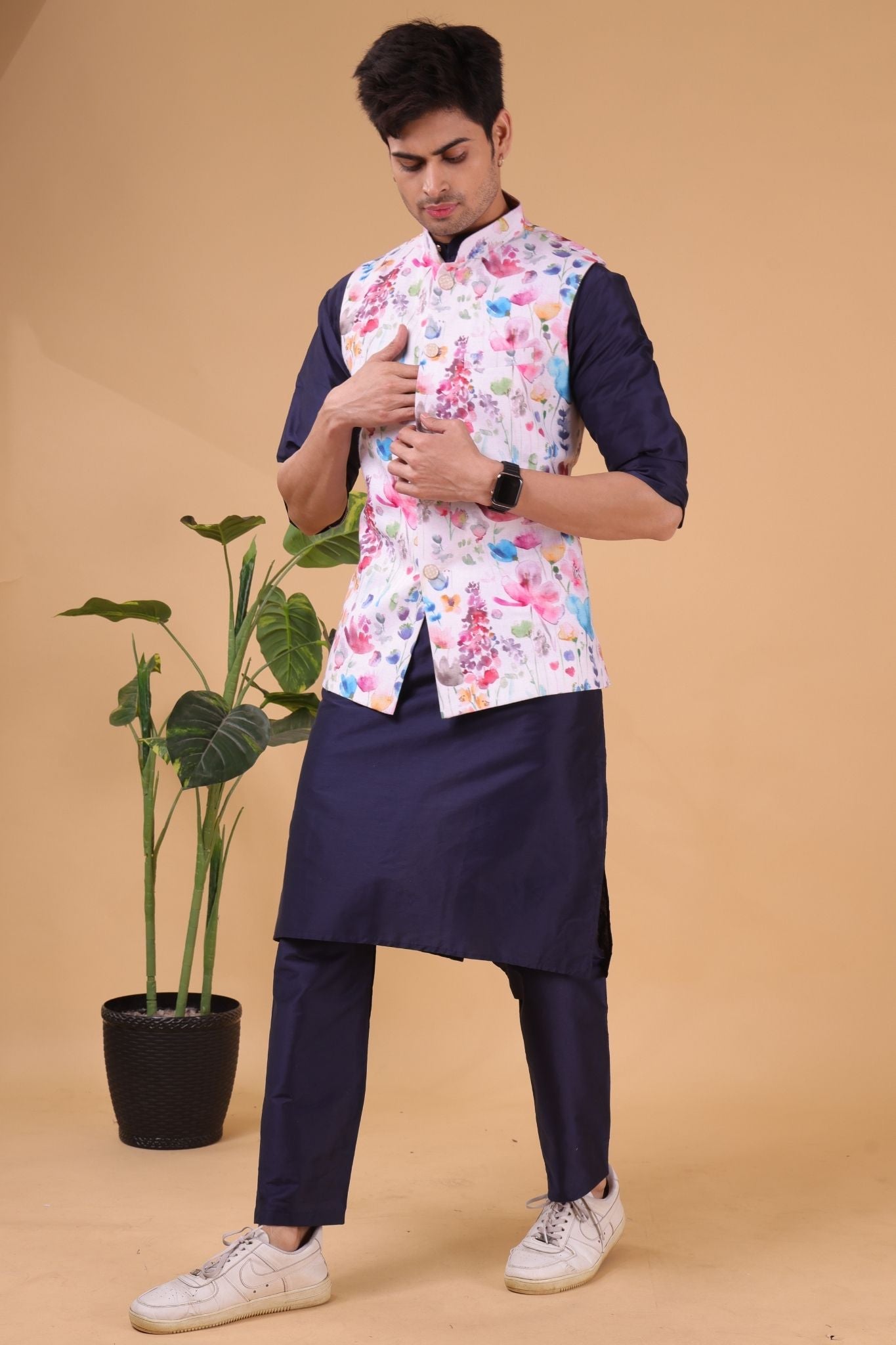 Butter Cream Tropical Paradise Linen Cotton Nehru Jacket