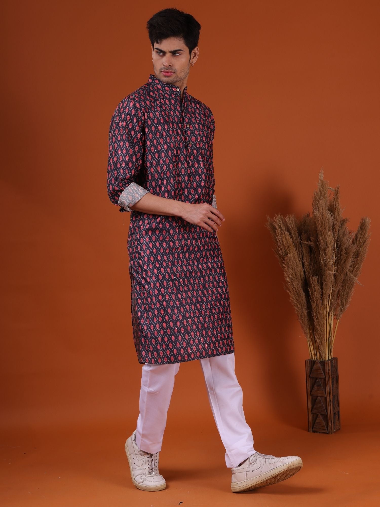 Jade Black Butti Print Silk Kurta