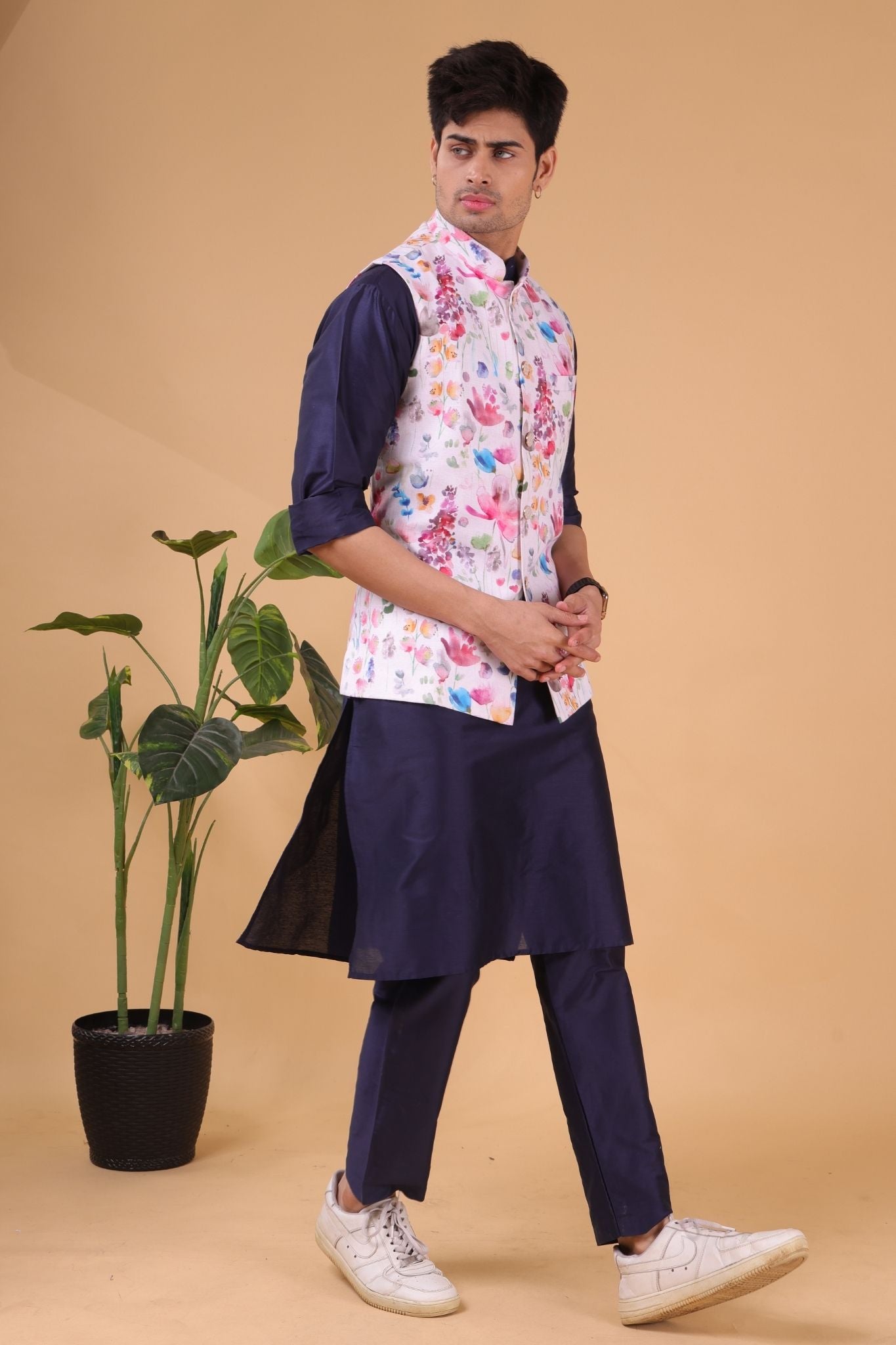 Butter Cream Tropical Paradise Linen Cotton Nehru Jacket