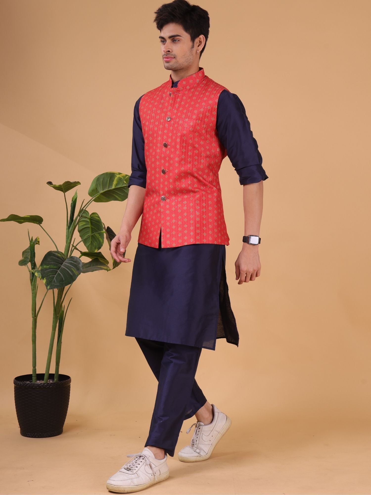 Cherry Red Ikat Print Linen Cotton Nehru Jacket