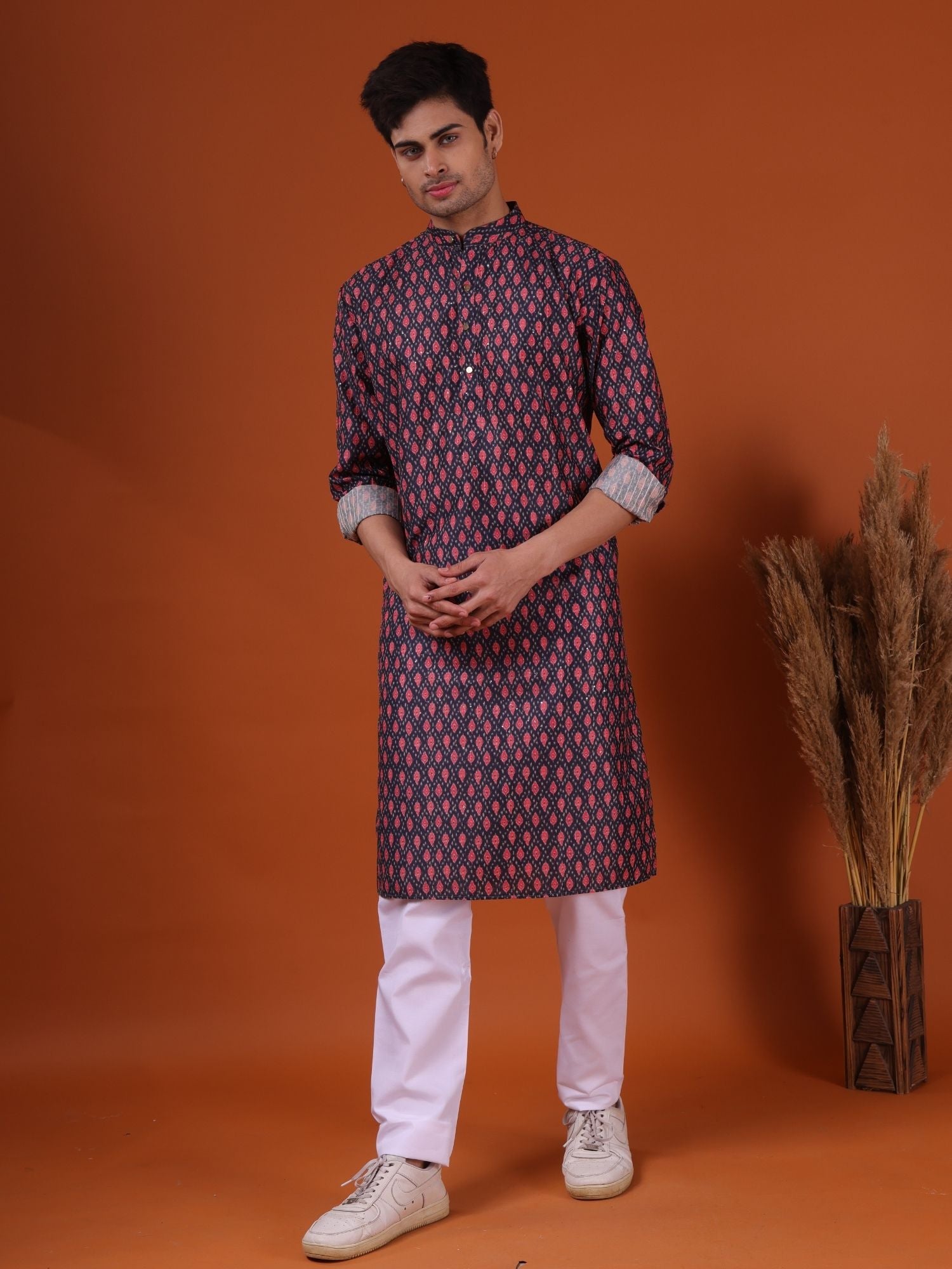 Jade Black Butti Print Silk Kurta