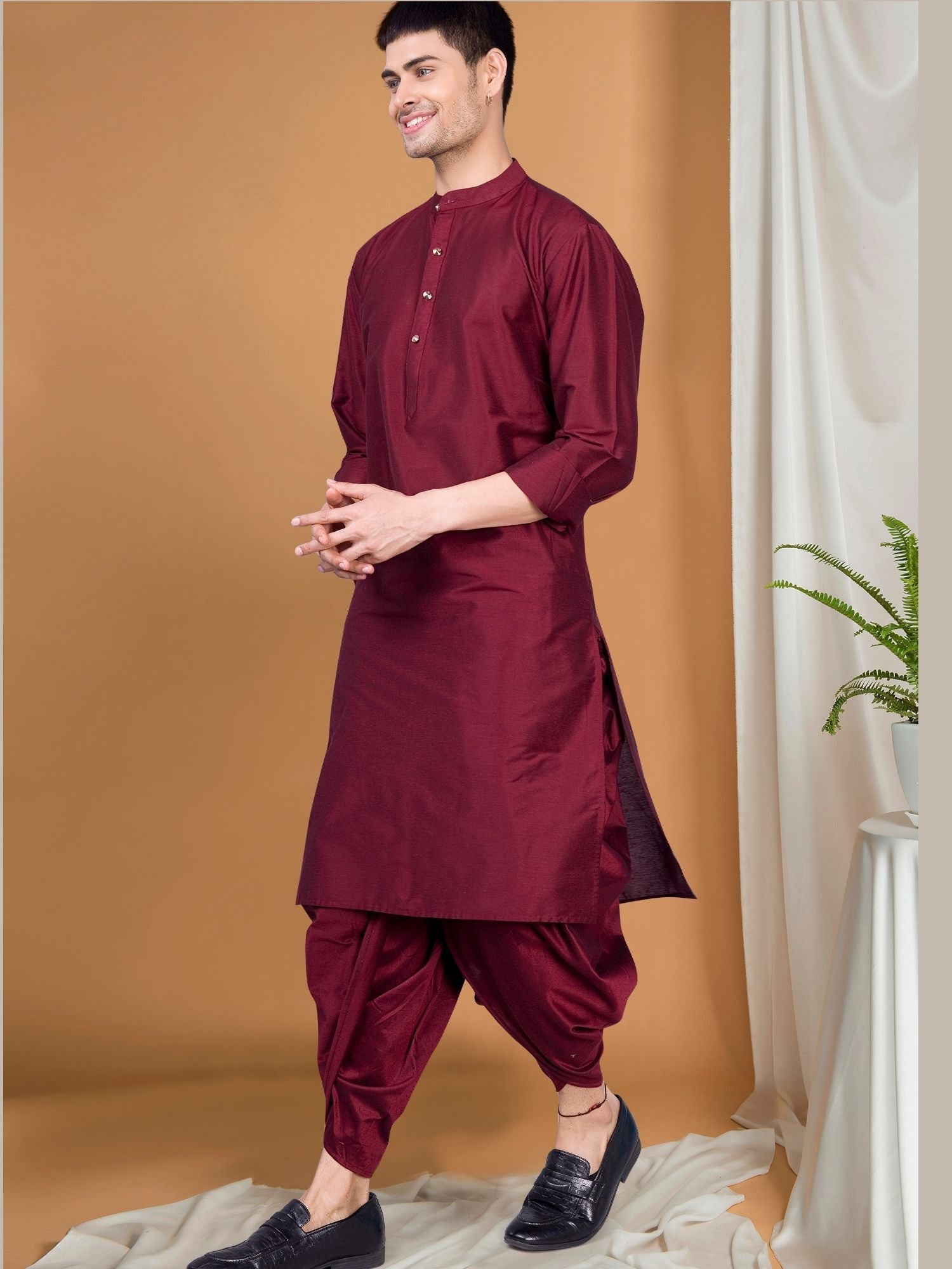 Barn Red Solid Kurta Peshawari Set