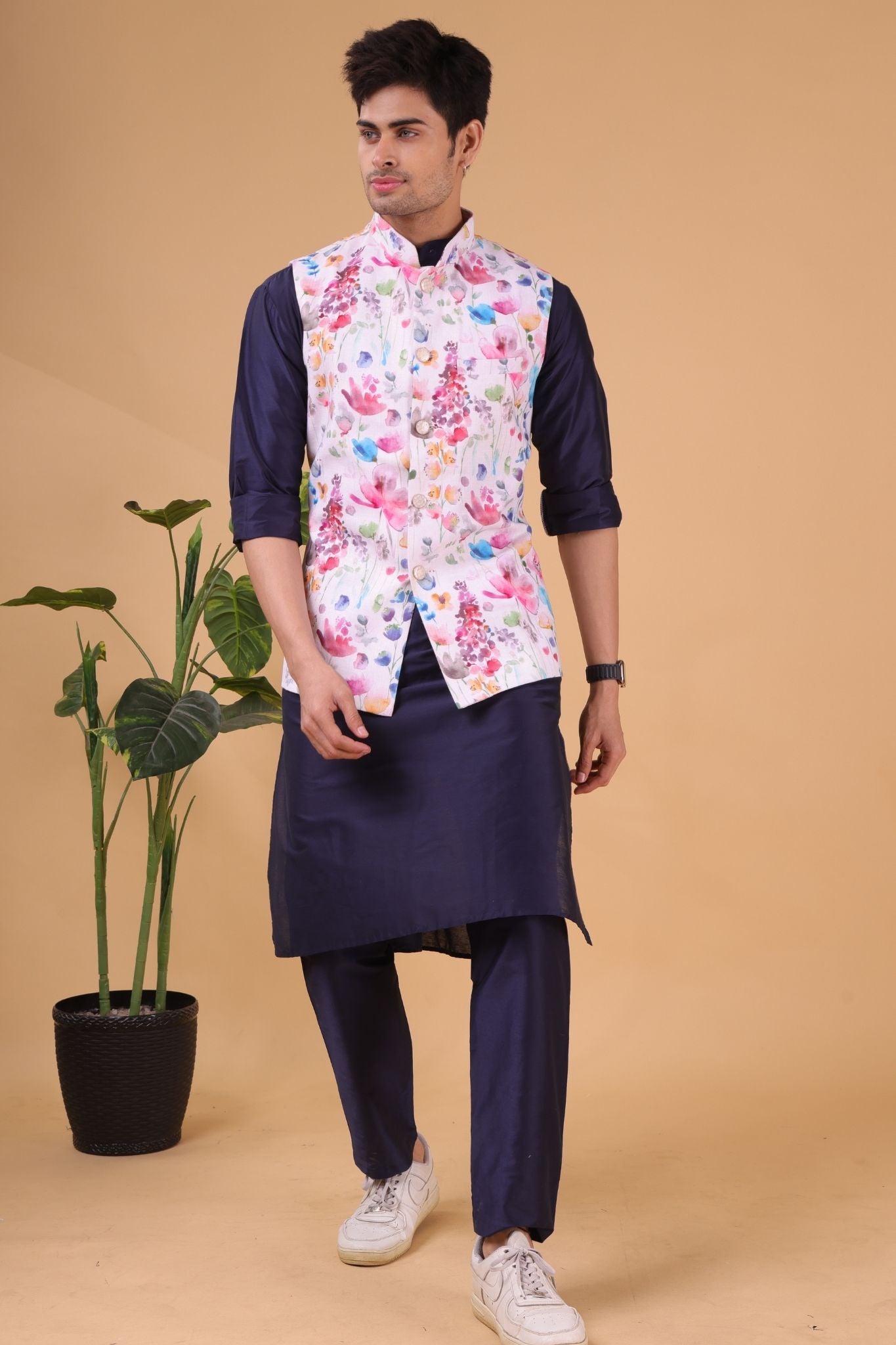 Butter Cream Tropical Paradise Linen Cotton Nehru Jacket