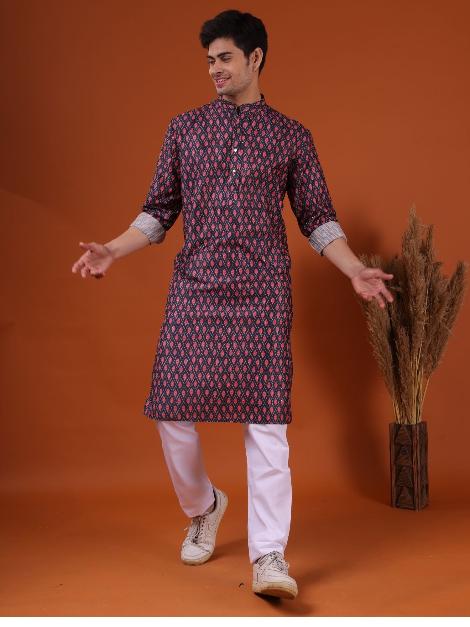 Jade Black Butti Print Silk Kurta