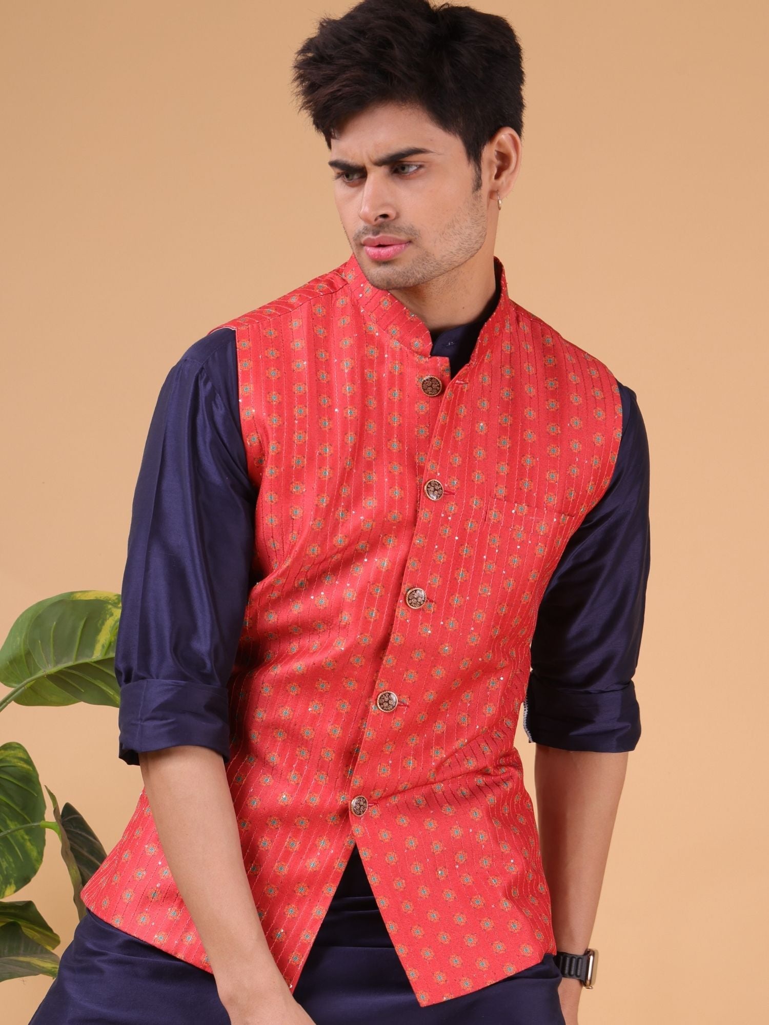 Cherry Red Ikat Print Linen Cotton Nehru Jacket