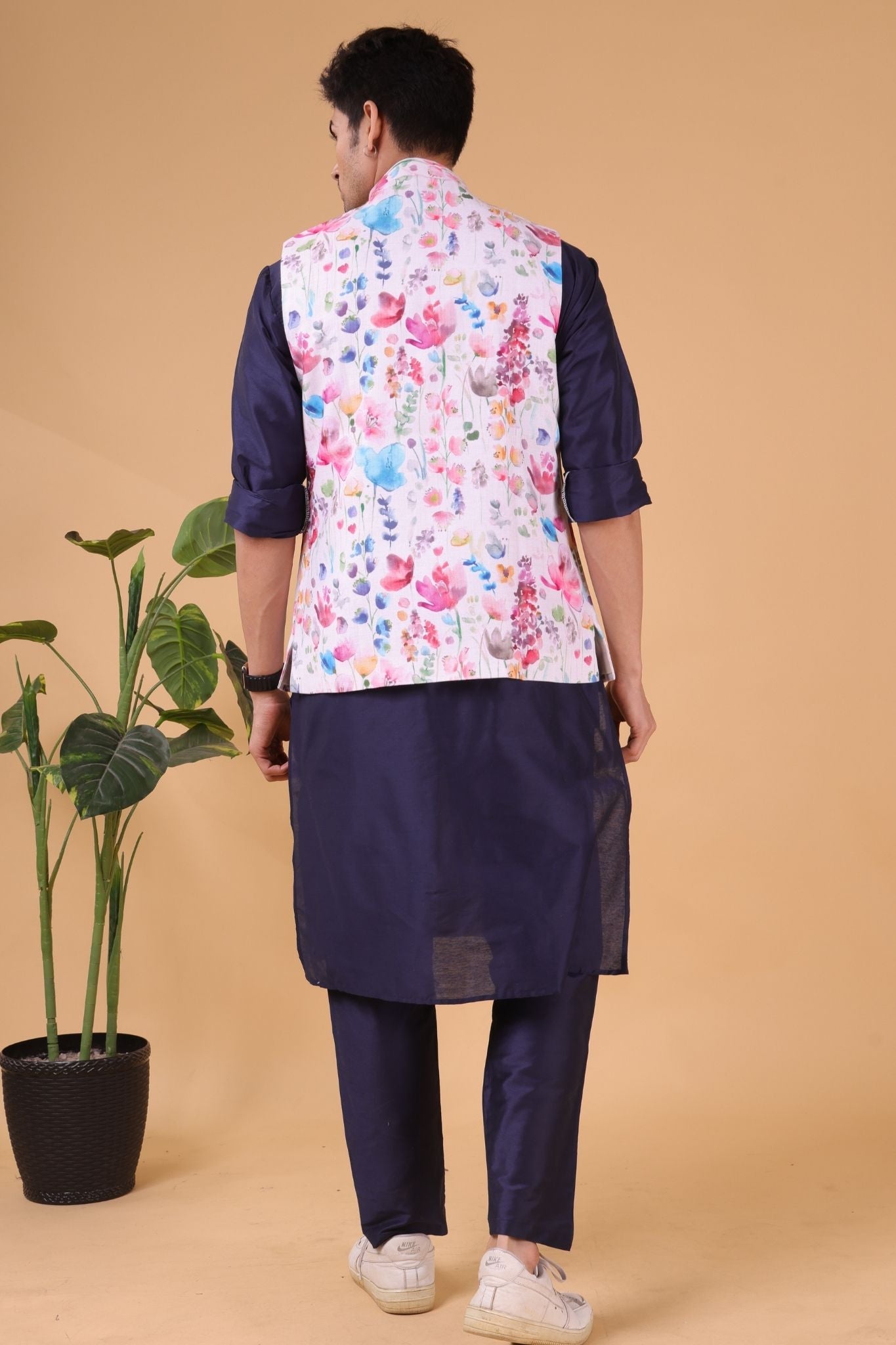 Butter Cream Tropical Paradise Linen Cotton Nehru Jacket