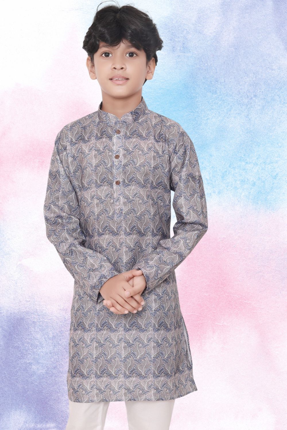 Metal Grey Indi Print Cotton Kurta Pajama Suit