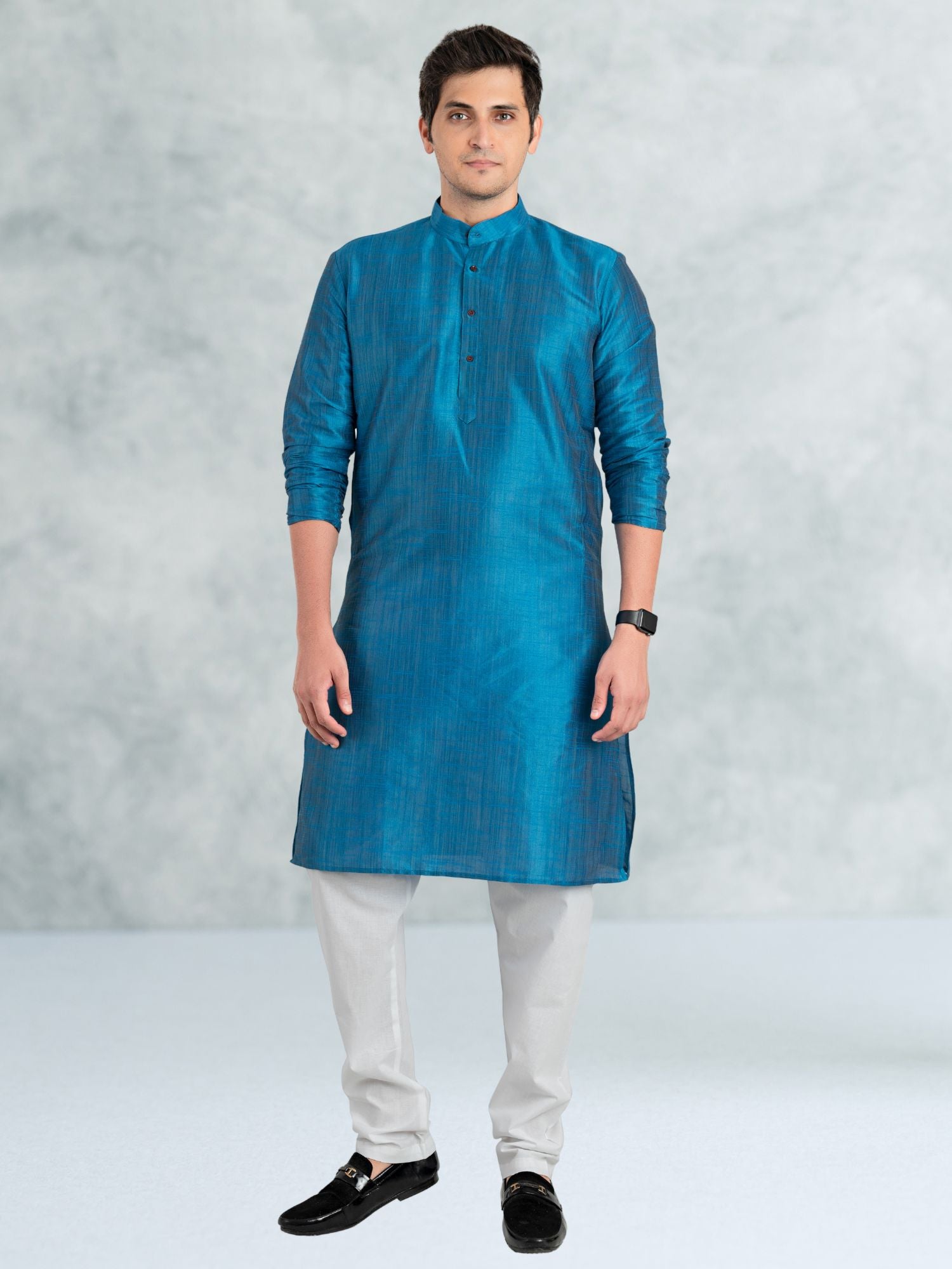 Azure Blue Solid Cotton-Silk Kurta
