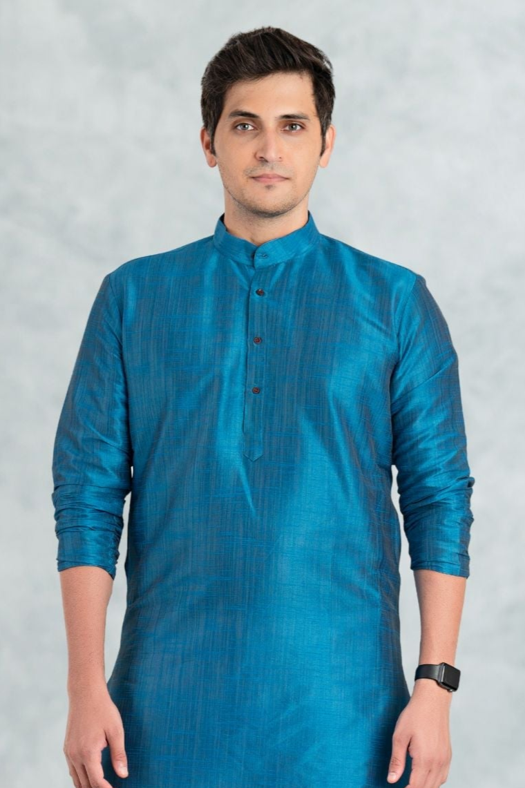 Iris Blue Solid Cotton-Silk Kurta Pajama Set